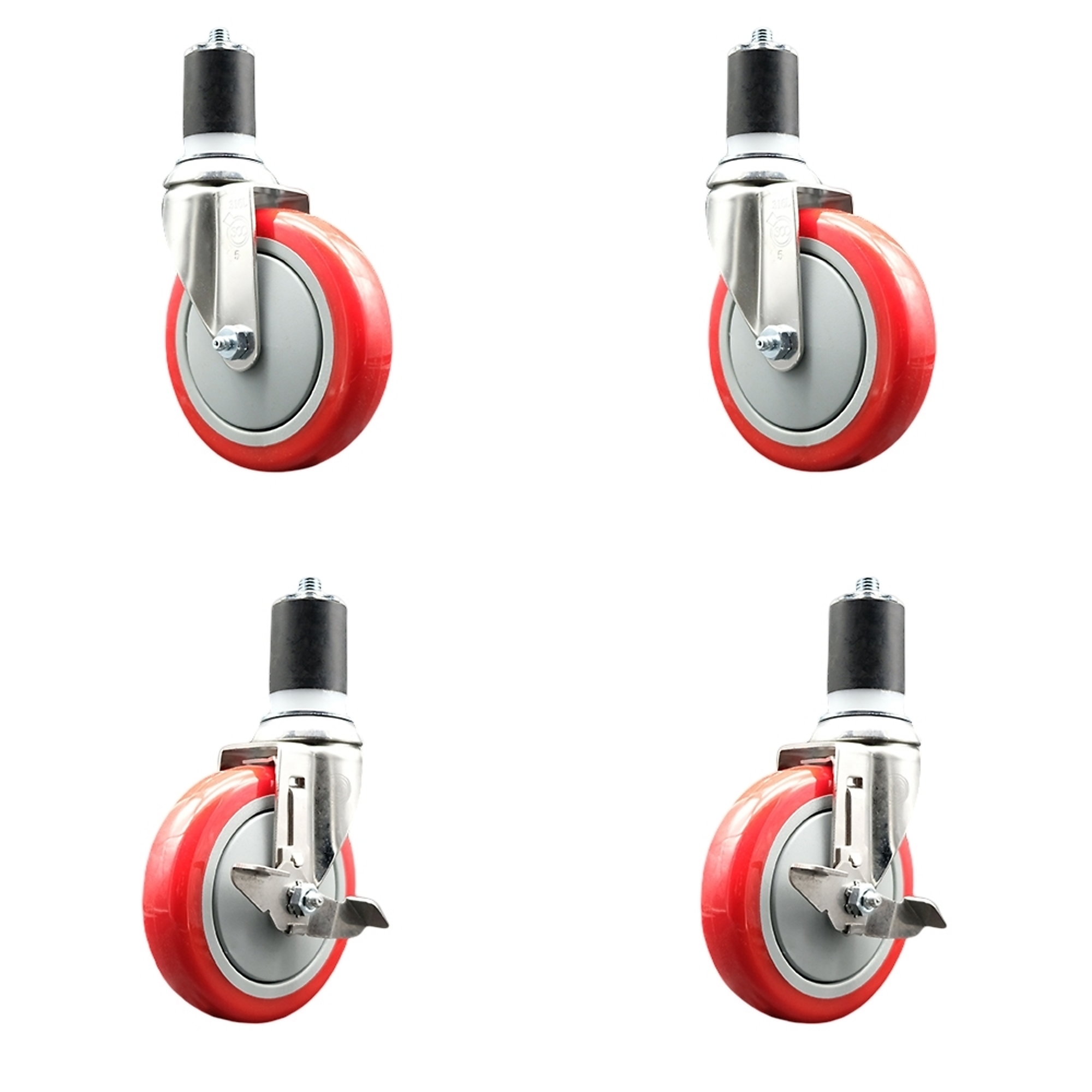 Service Caster, 5Inch x 1 1/4Inch Stem Casters, Wheel Diameter 5 in, Caster Type Swivel, Package (qty.) 4, Model SS316EX20S514-PPUB-RED-2-TLB-2-178