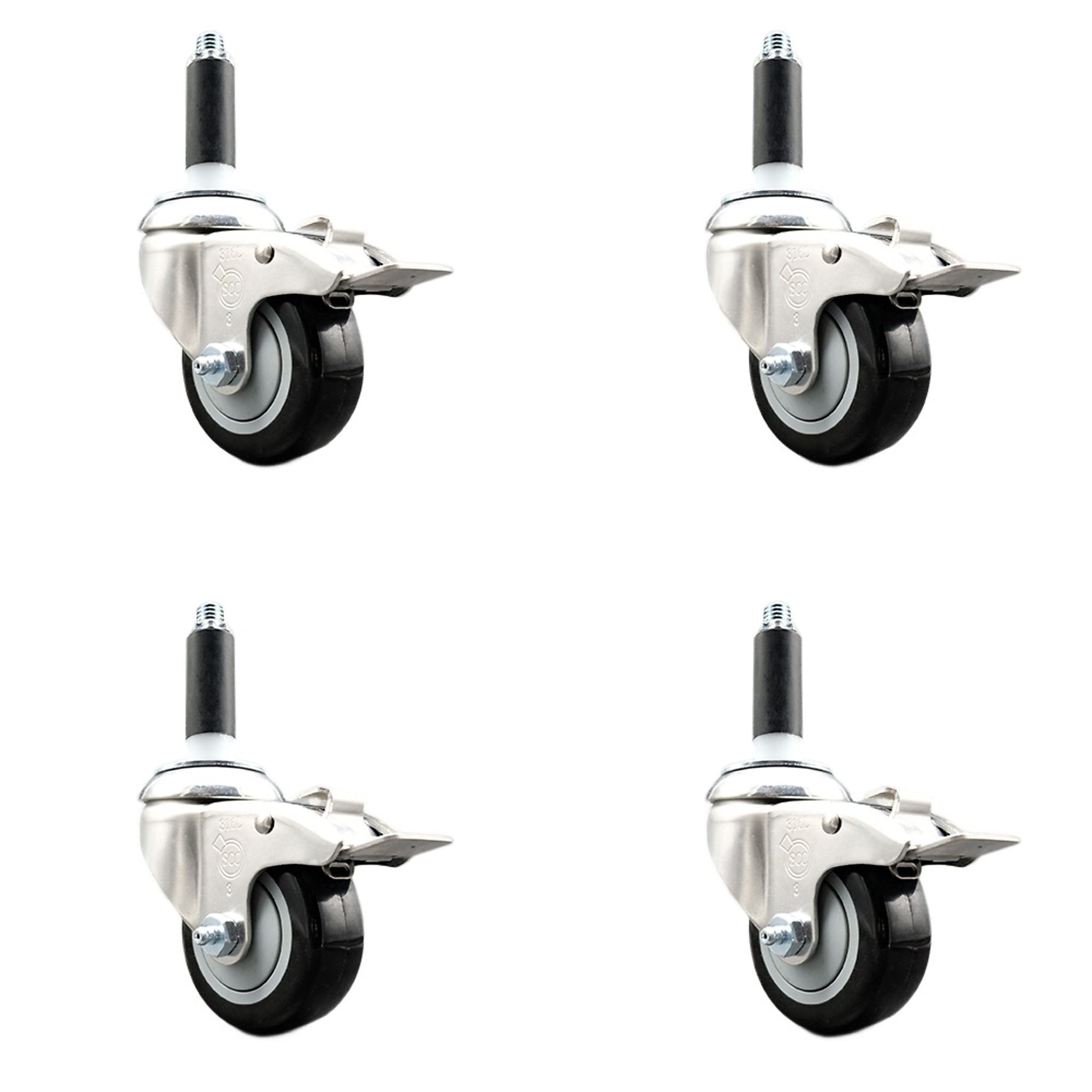 Service Caster, 3Inch x 1 1/4Inch Stem Casters, Wheel Diameter 3 in, Caster Type Swivel, Package (qty.) 4, Model SCC-SS316TTLEX20S314-PPUB-BLK-34-4