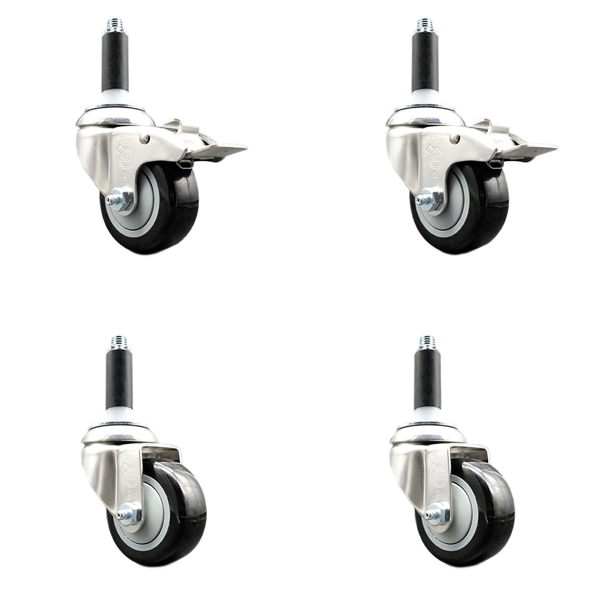 Service Caster, 3Inch x 1 1/4Inch Stem Casters, Wheel Diameter 3 in, Caster Type Swivel, Package (qty.) 4, Model SS316TTLEX20S314-PPUB-BLK-2-S-2-34