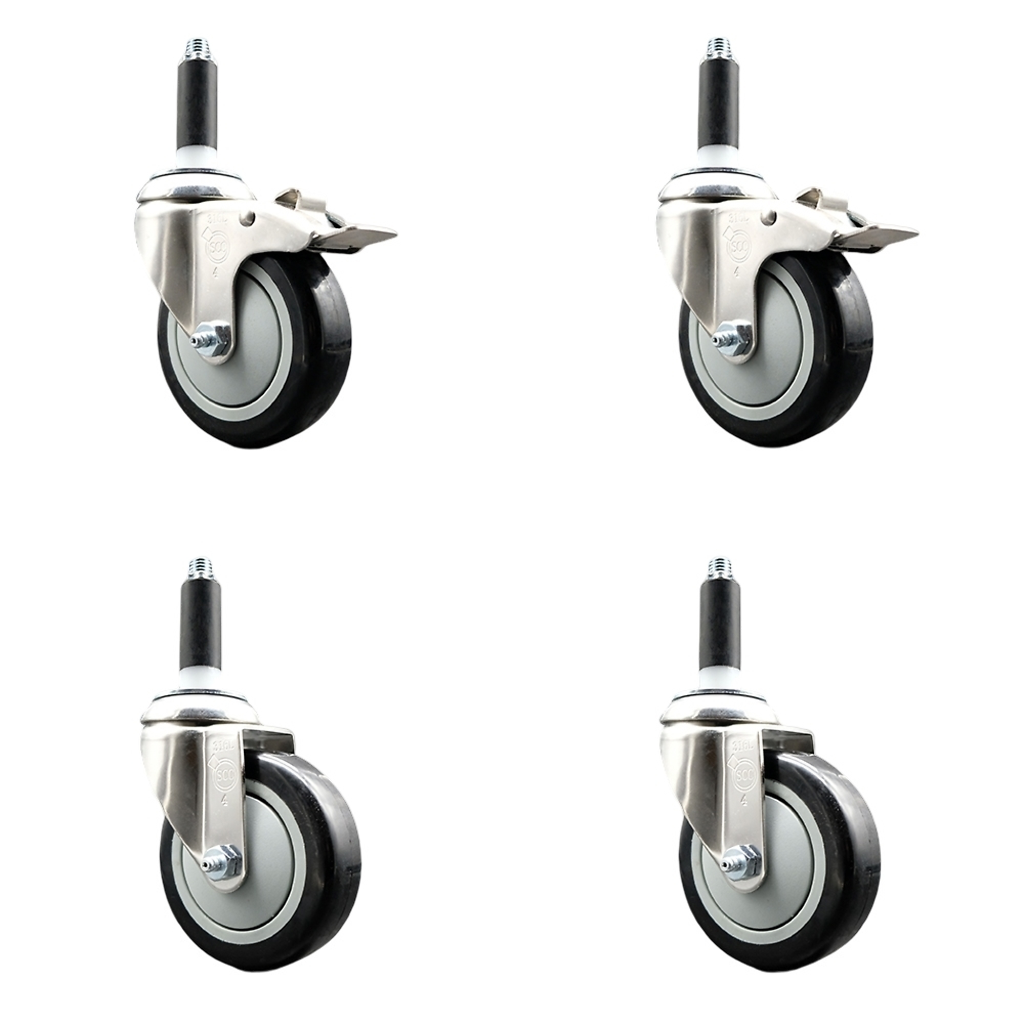 Service Caster, 4Inch x 1 1/4Inch Stem Casters, Wheel Diameter 4 in, Caster Type Swivel, Package (qty.) 4, Model SS316TTLEX20S414-PPUB-BLK-2-S-2-34