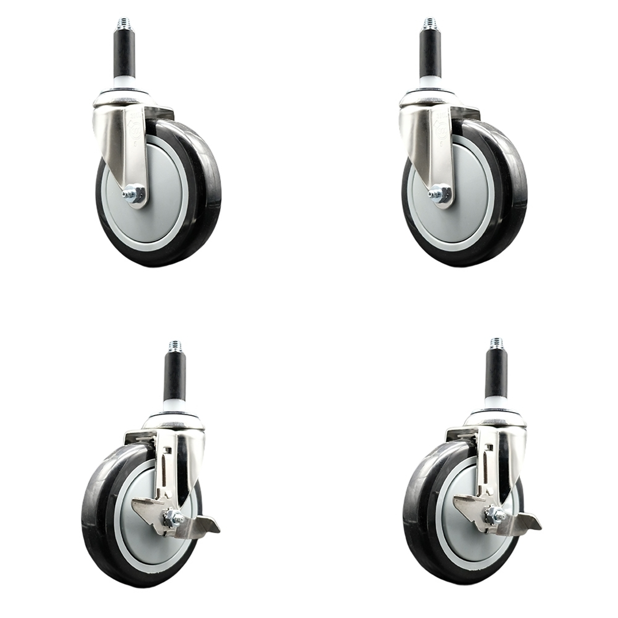 Service Caster, 5Inch x 1 1/4Inch Stem Casters, Wheel Diameter 5 in, Caster Type Swivel, Package (qty.) 4, Model SS316EX20S514-PPUB-BLK-2-TLB-2-34