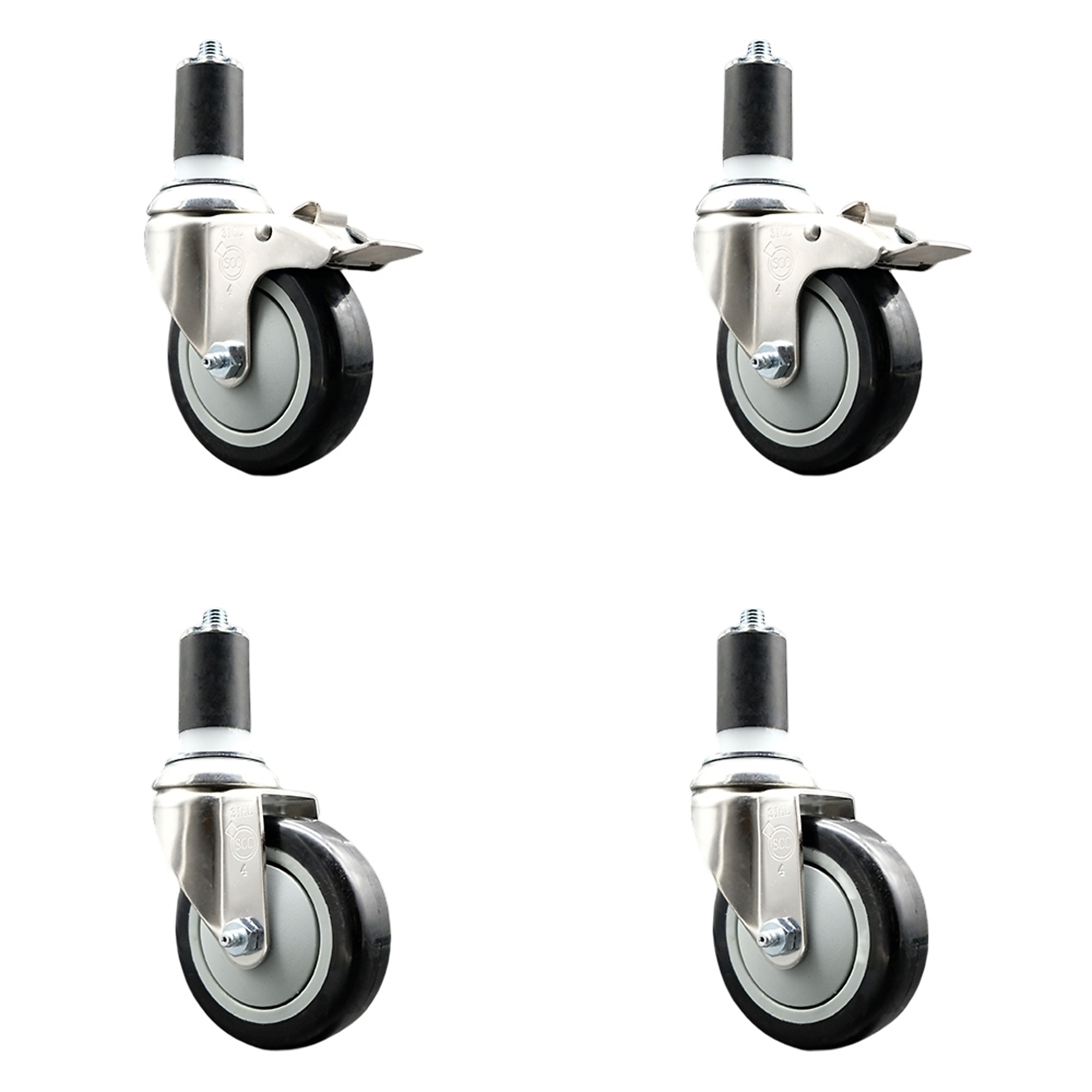 Service Caster, 4Inch x 1 1/4Inch Stem Casters, Wheel Diameter 4 in, Caster Type Swivel, Package (qty.) 4, Model SS316TTLEX20S414-PPUB-BLK-2-S-2-112