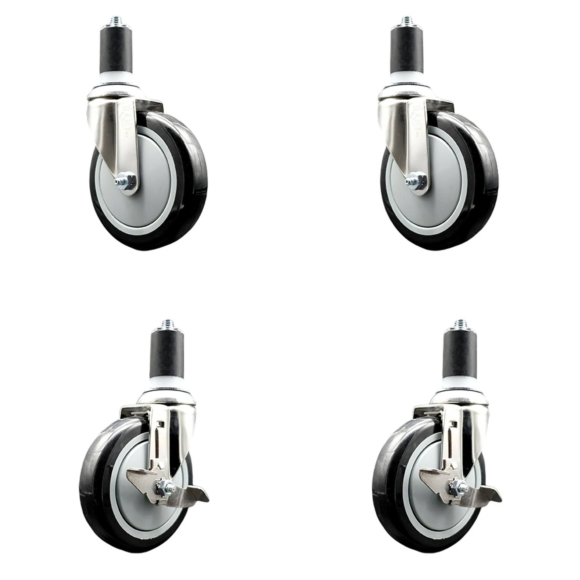 Service Caster, 4Inch x 1 1/4Inch Stem Casters, Wheel Diameter 5 in, Caster Type Swivel, Package (qty.) 4, Model SS316EX20S514-PPUB-BLK-2-TLB-2-112