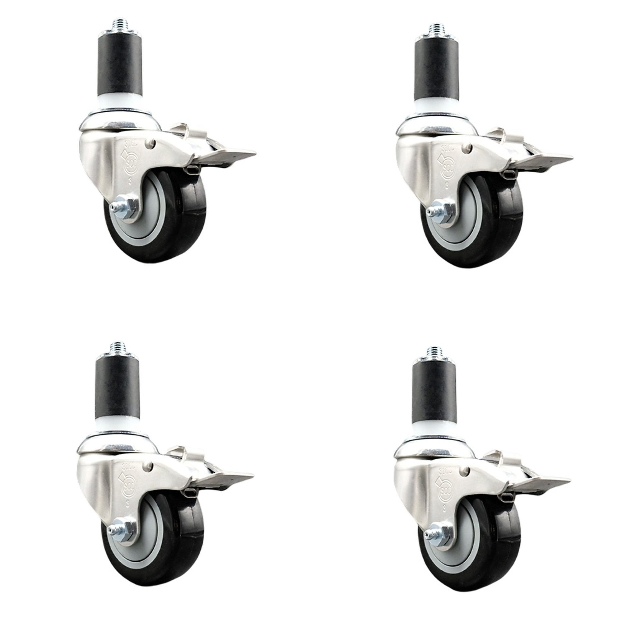 Service Caster, 3Inch x 1 1/4Inch Stem Casters, Wheel Diameter 3 in, Caster Type Swivel, Package (qty.) 4, Model SCC-SS316TTLEX20S314-PPUB-BLK-158-4