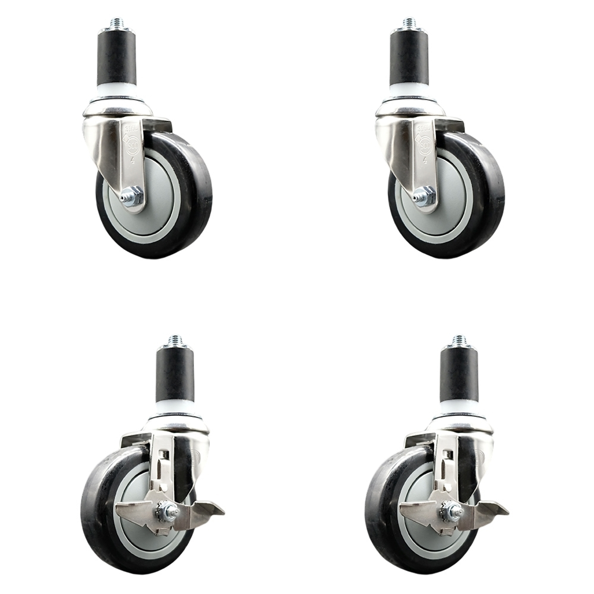 Service Caster, 3 1/2Inch x 1 1/4Inch Stem Casters, Wheel Diameter 4 in, Caster Type Swivel, Package (qty.) 4, Model SS316EX20S414-PPUB-BLK-2-TLB-2-