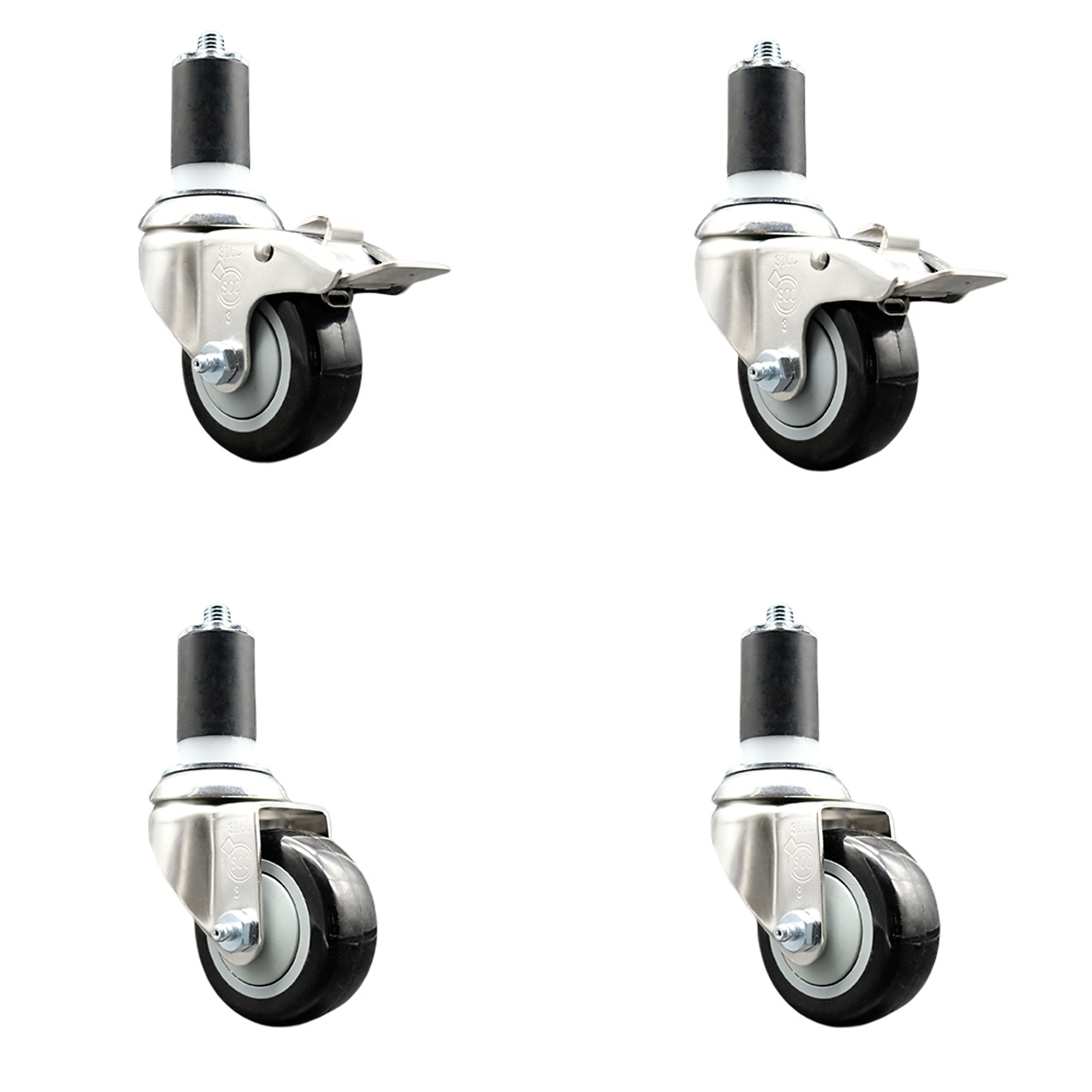 Service Caster, 3Inch x 1 1/4Inch Stem Casters, Wheel Diameter 3 in, Caster Type Swivel, Package (qty.) 4, Model SS316TTLEX20S314-PPUB-BLK-2-S-2-158