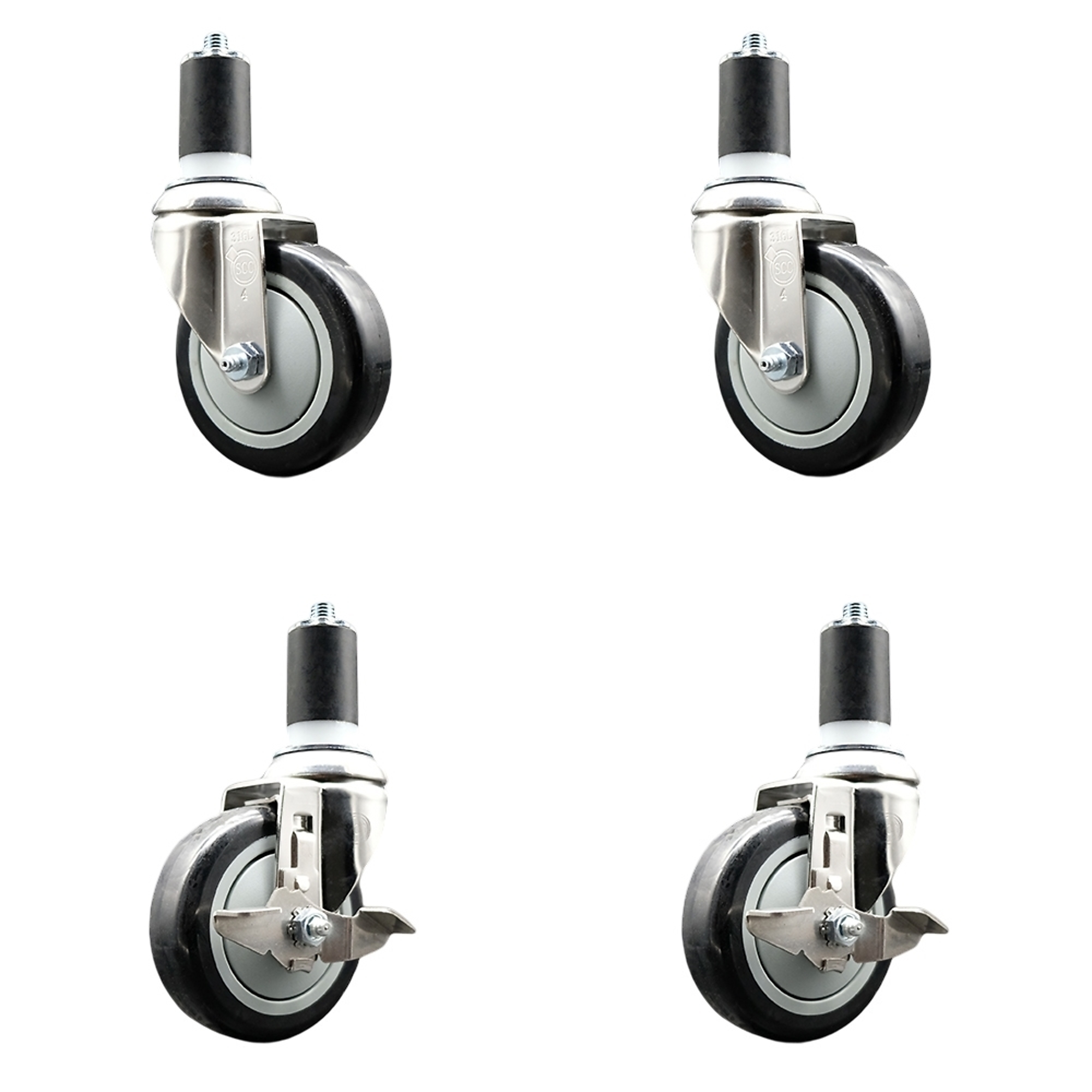 Service Caster, 4Inch x 1 1/4Inch Stem Casters, Wheel Diameter 4 in, Caster Type Swivel, Package (qty.) 4, Model SS316EX20S414-PPUB-BLK-2-TLB-2-158