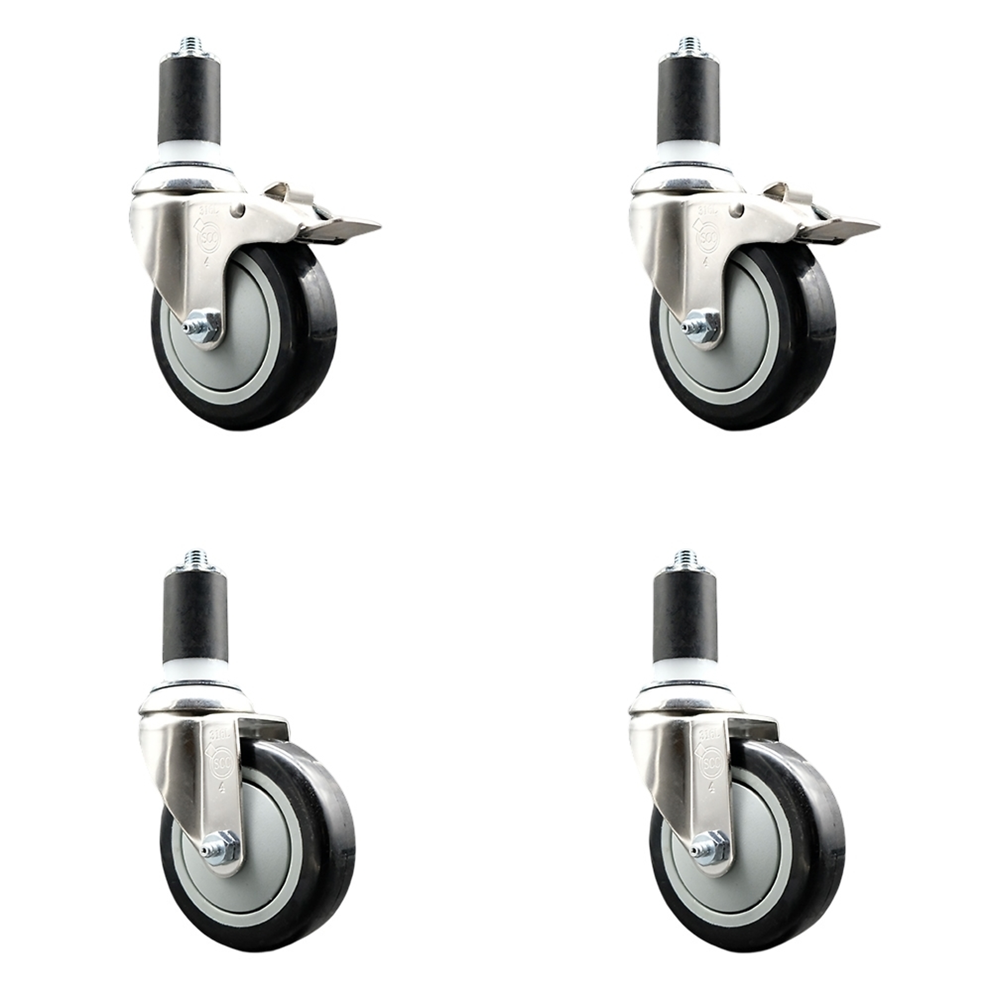 Service Caster, 4Inch x 1 1/4Inch Stem Casters, Wheel Diameter 4 in, Caster Type Swivel, Package (qty.) 4, Model SS316TTLEX20S414-PPUB-BLK-2-S-2-158