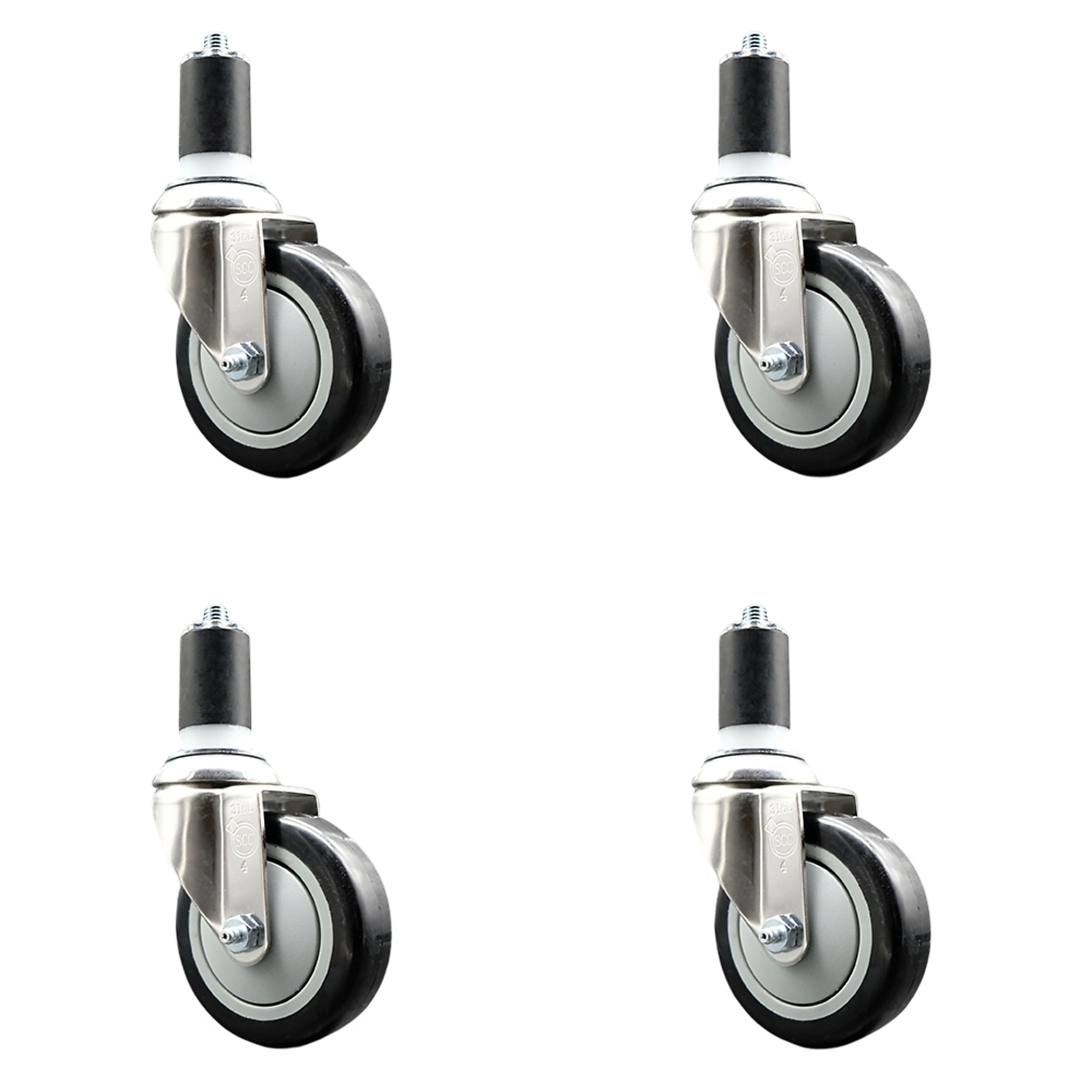 Service Caster, 4Inch x 1 1/4Inch Stem Casters, Wheel Diameter 4 in, Caster Type Swivel, Package (qty.) 4, Model SCC-SS316EX20S414-PPUB-BLK-158-4