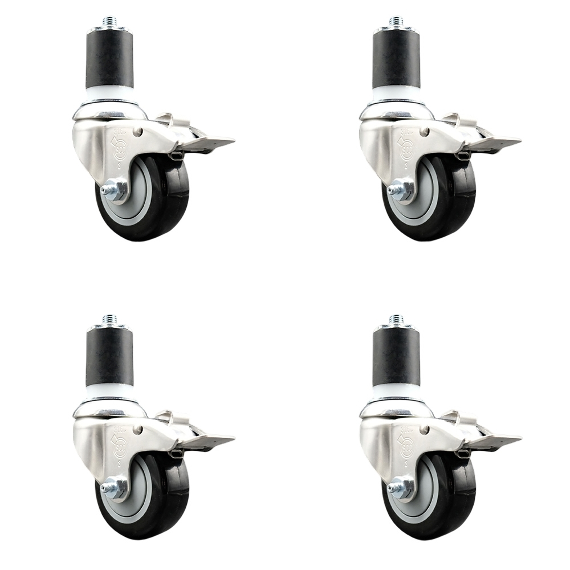 Service Caster, 3Inch x 1 1/4Inch Stem Casters, Wheel Diameter 3 in, Caster Type Swivel, Package (qty.) 4, Model SCC-SS316TTLEX20S314-PPUB-BLK-134-4