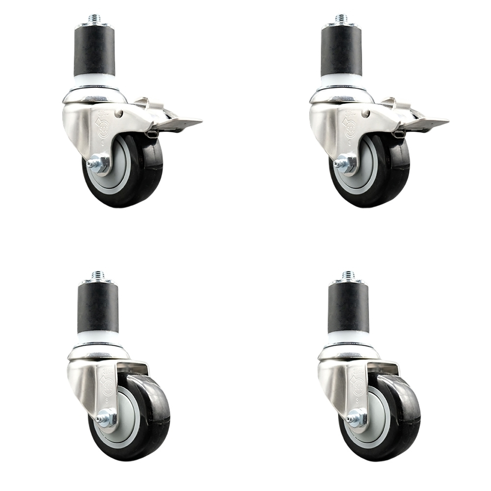 Service Caster, 3Inch x 1 1/4Inch Stem Casters, Wheel Diameter 3 in, Caster Type Swivel, Package (qty.) 4, Model SS316TTLEX20S314-PPUB-BLK-2-S-2-134