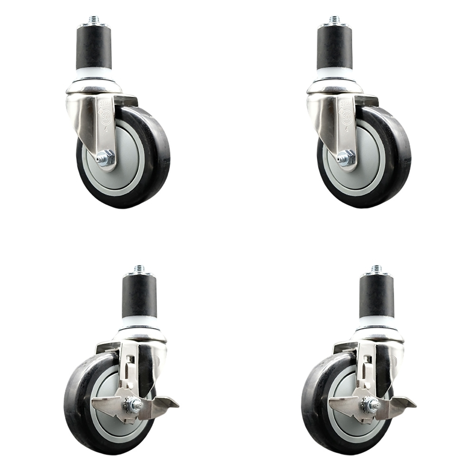 Service Caster, 4Inch x 1 1/4Inch Stem Casters, Wheel Diameter 4 in, Caster Type Swivel, Package (qty.) 4, Model SS316EX20S414-PPUB-BLK-2-TLB-2-134