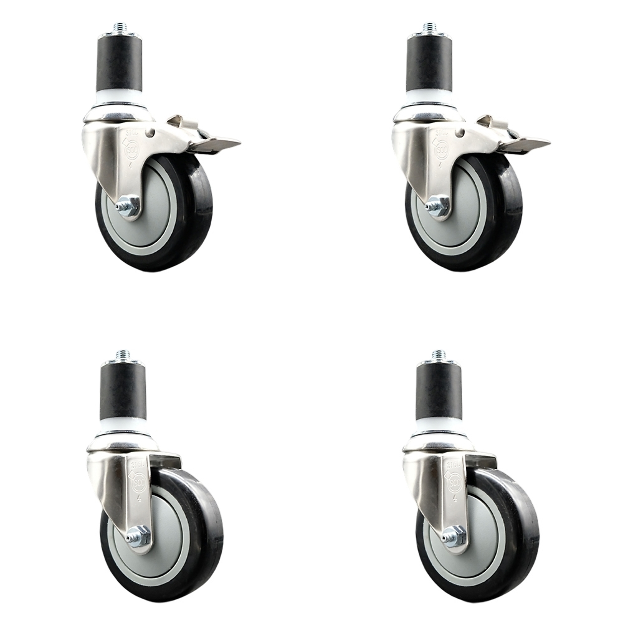 Service Caster, 4Inch x 1 1/4Inch Stem Casters, Wheel Diameter 4 in, Caster Type Swivel, Package (qty.) 4, Model SS316TTLEX20S414-PPUB-BLK-2-S-2-134