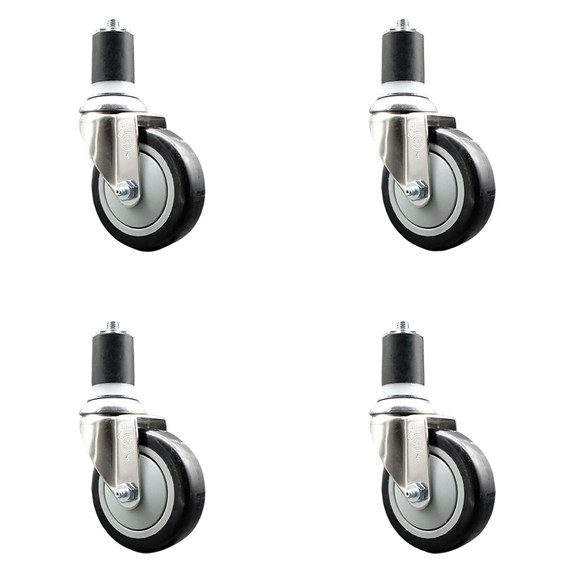 Service Caster, 4Inch x 1 1/4Inch Stem Casters, Wheel Diameter 4 in, Caster Type Swivel, Package (qty.) 4, Model SCC-SS316EX20S414-PPUB-BLK-134-4