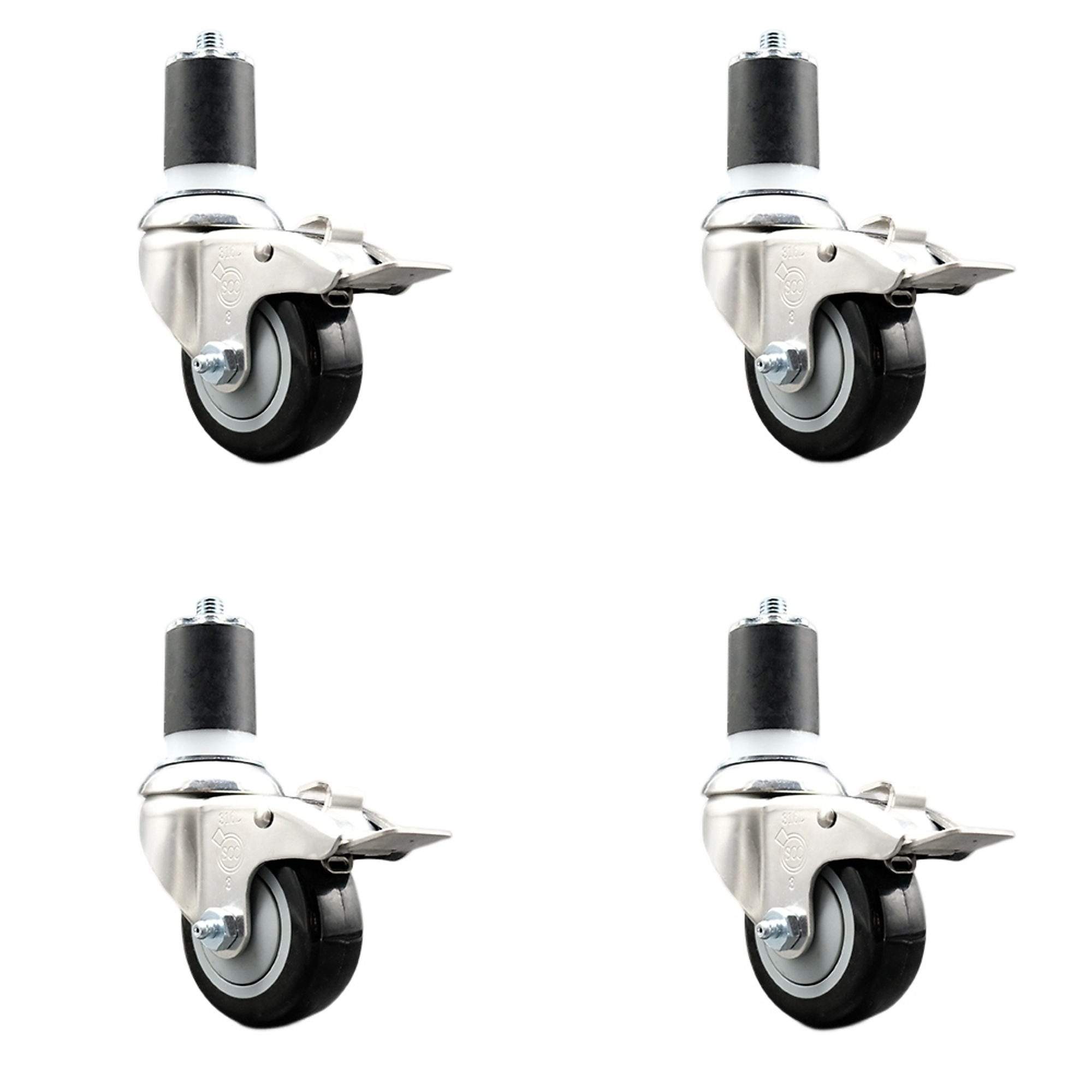 Service Caster, 3Inch x 1 1/4Inch Stem Casters, Wheel Diameter 3 in, Caster Type Swivel, Package (qty.) 4, Model SCC-SS316TTLEX20S314-PPUB-BLK-178-4