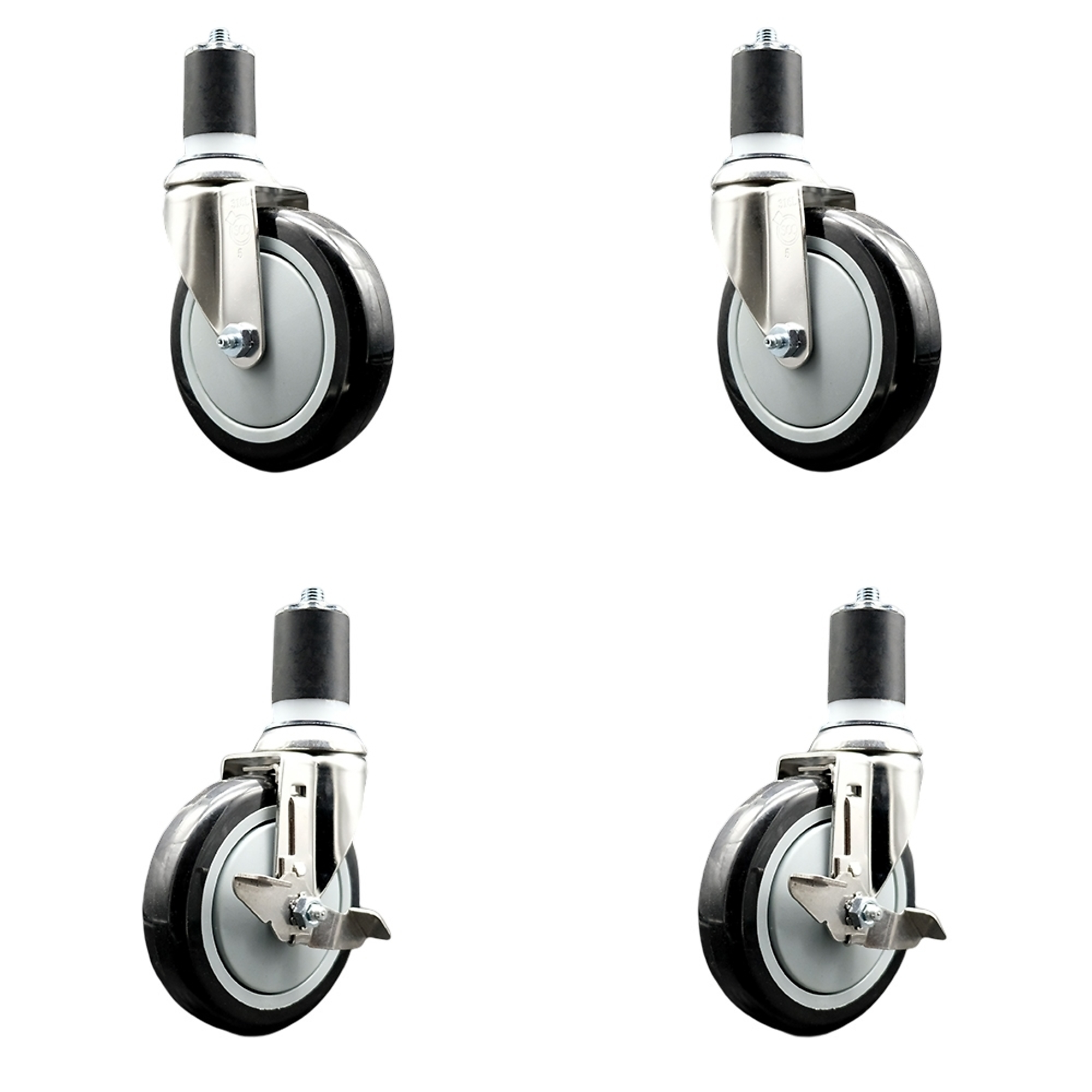 Service Caster, 5Inch x 1 1/4Inch Stem Casters, Wheel Diameter 5 in, Caster Type Swivel, Package (qty.) 4, Model SS316EX20S514-PPUB-BLK-2-TLB-2-178