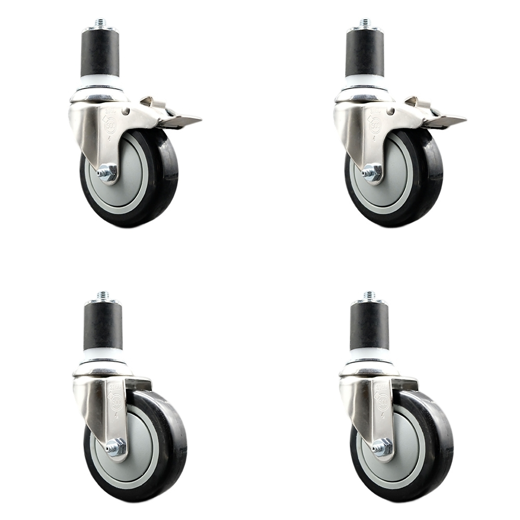 Service Caster, 4Inch x 1 1/4Inch Stem Casters, Wheel Diameter 4 in, Caster Type Swivel, Package (qty.) 4, Model SS316TTLEX20S414-PPUB-BLK-2-S-2-178