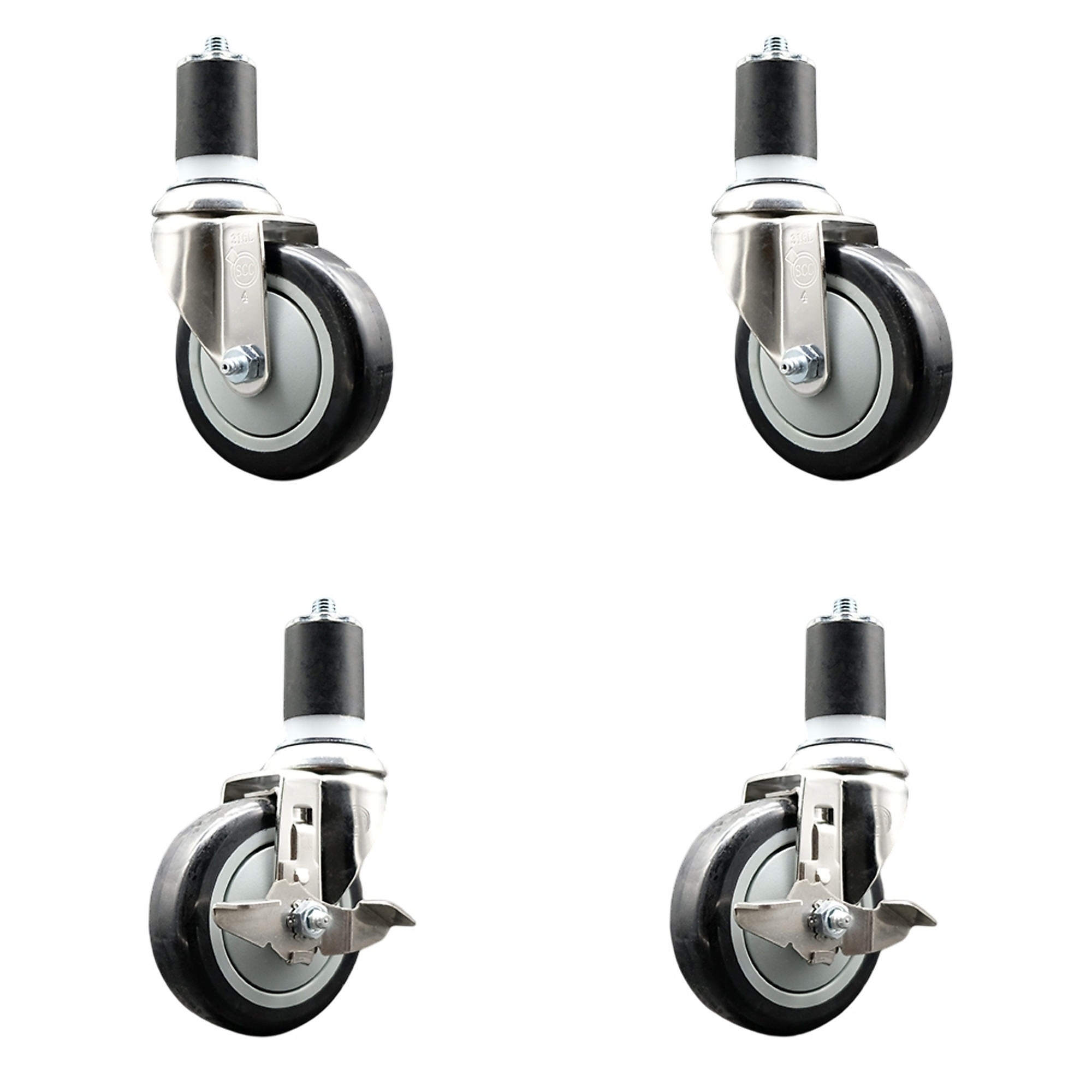 Service Caster, 4Inch x 1 1/4Inch Stem Casters, Wheel Diameter 4 in, Caster Type Swivel, Package (qty.) 4, Model SS316EX20S414-PPUB-BLK-2-TLB-2-178