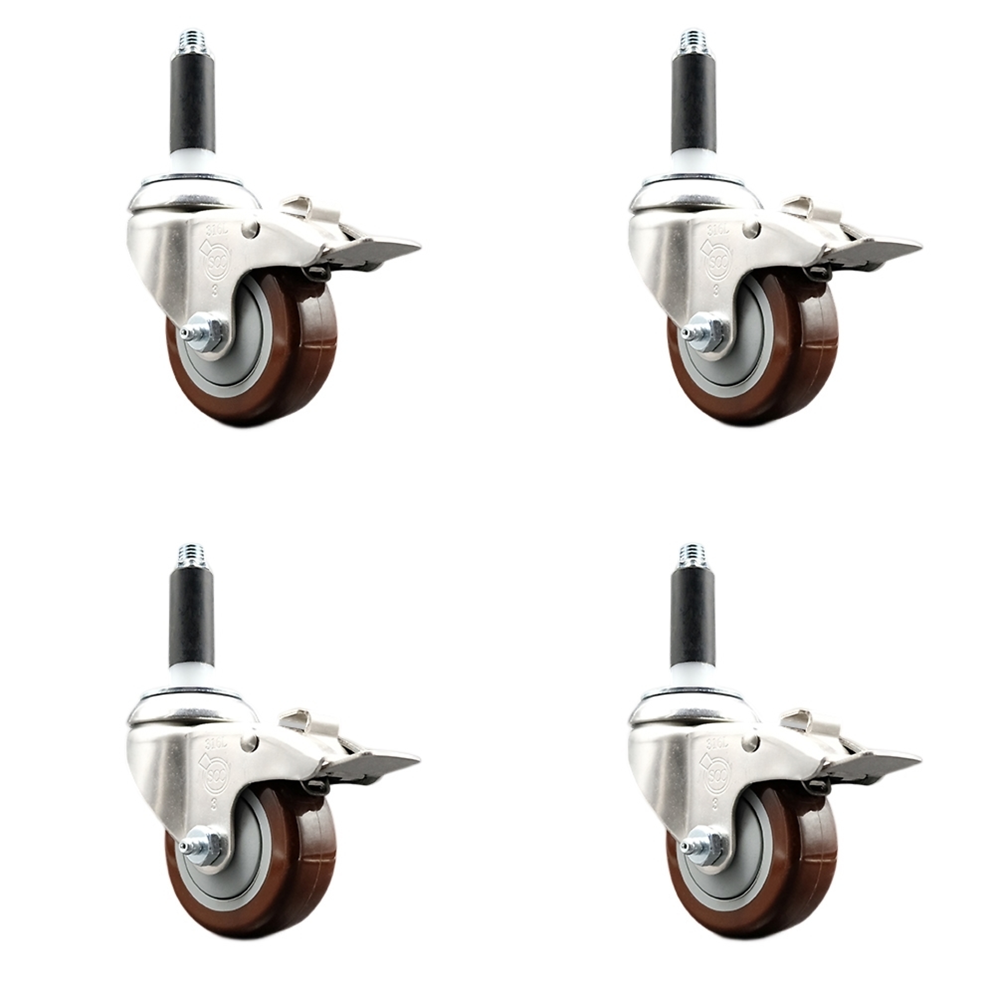 Service Caster, 3Inch x 1 1/4Inch Stem Casters, Wheel Diameter 3 in, Caster Type Swivel, Package (qty.) 4, Model SCC-SS316TTLEX20S314-PPUB-MRN-78-4