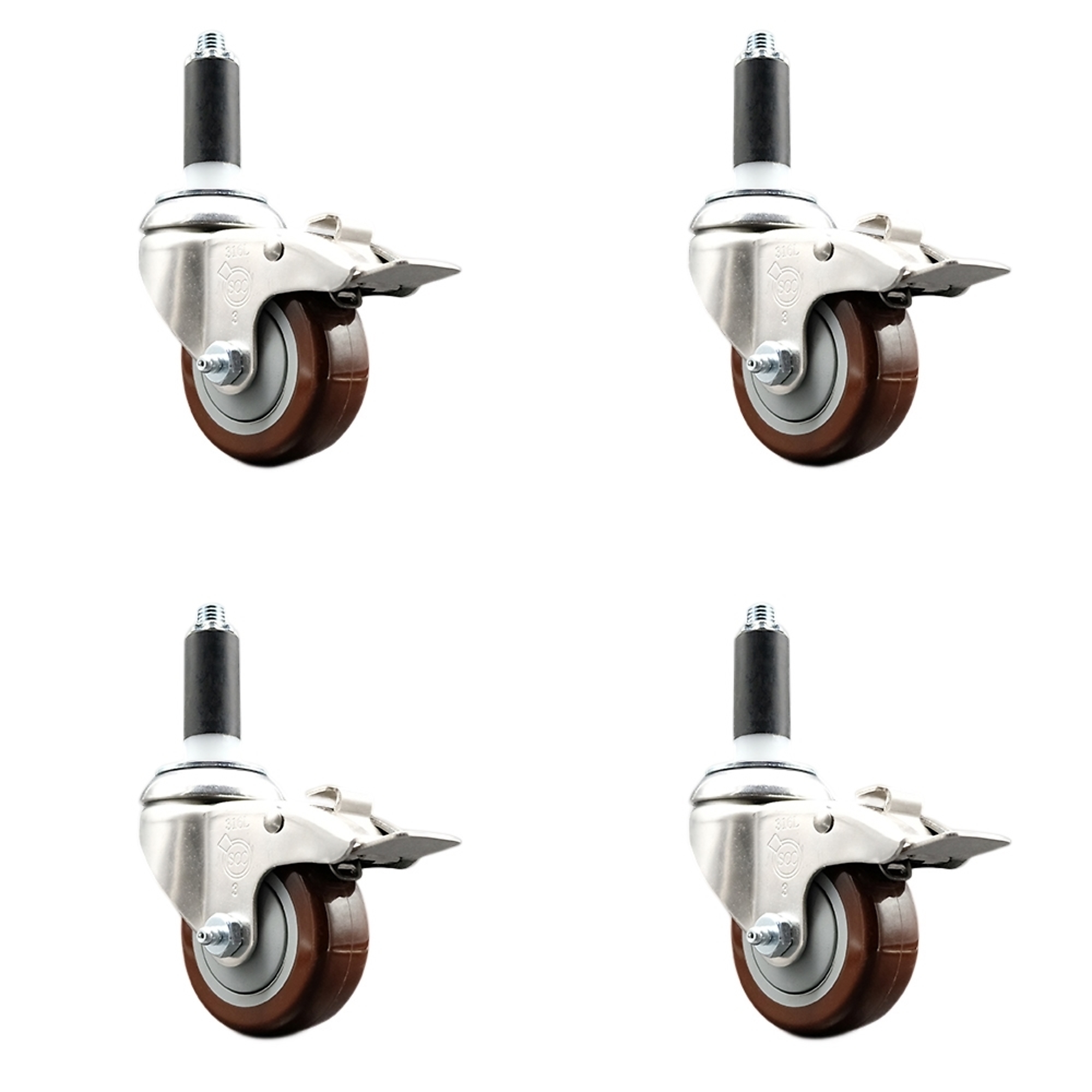 Service Caster, 3Inch x 1 1/4Inch Stem Casters, Wheel Diameter 3 in, Caster Type Swivel, Package (qty.) 4, Model SCC-SS316TTLEX20S314-PPUB-MRN-118-4