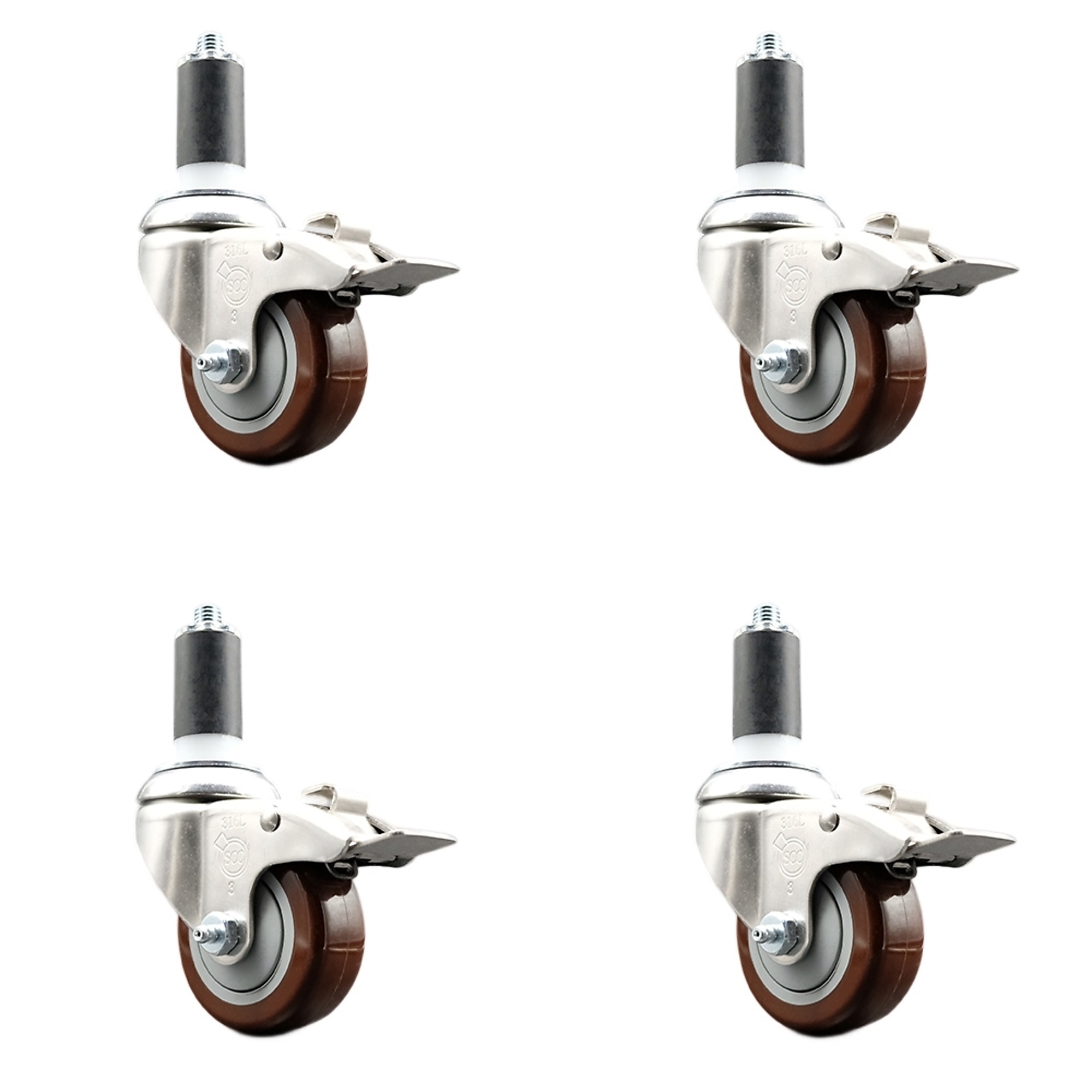 Service Caster, 3Inch x 1 1/4Inch Stem Casters, Wheel Diameter 3 in, Caster Type Swivel, Package (qty.) 4, Model SCC-SS316TTLEX20S314-PPUB-MRN-138-4