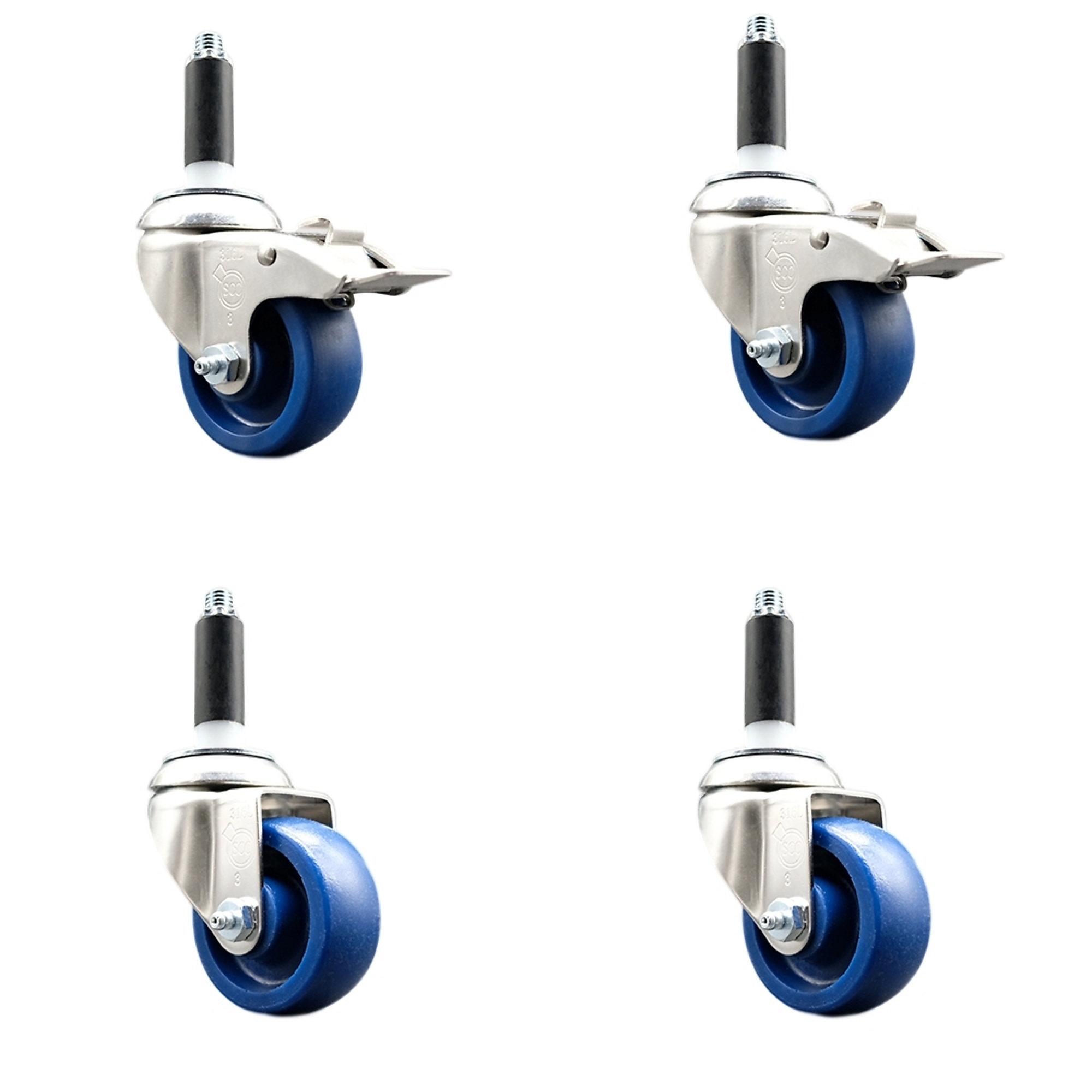 Service Caster, 3Inch x 1 1/4Inch Stem Casters, Wheel Diameter 3 in, Caster Type Swivel, Package (qty.) 4, Model SCC-SS316TTLEX20S314-SPUS-2-S-2-78