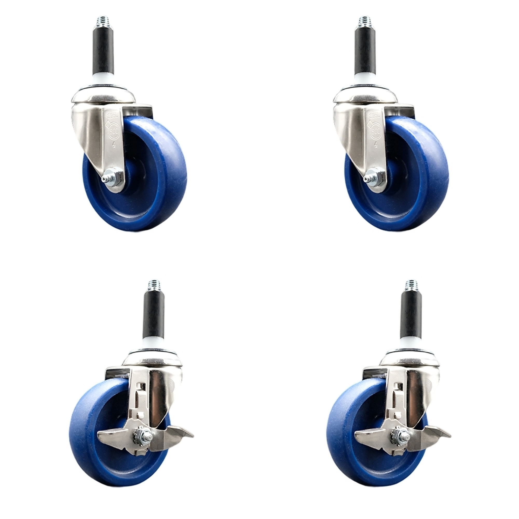 Service Caster, 4Inch x 1 1/4Inch Stem Casters, Wheel Diameter 4 in, Caster Type Swivel, Package (qty.) 4, Model SCC-SS316EX20S414-SPUS-2-TLB-2-78