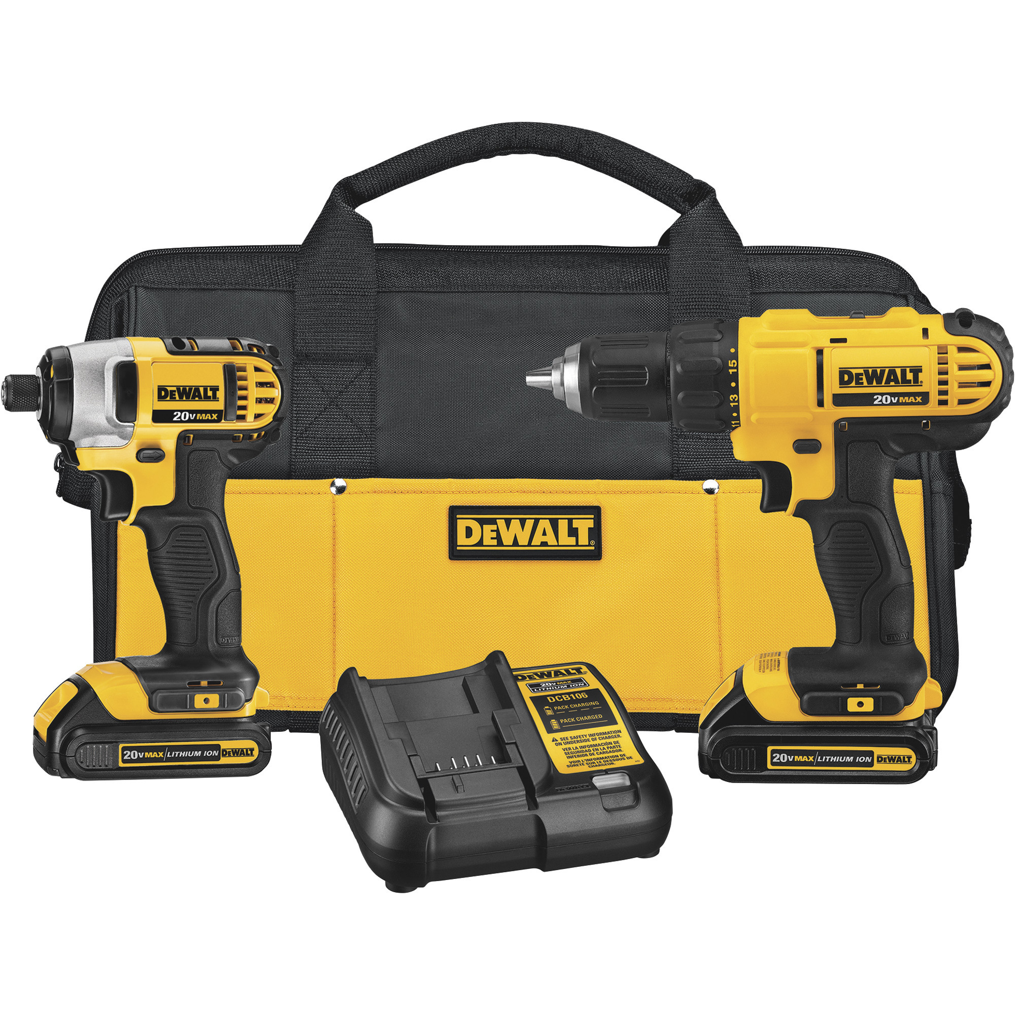 DEWALT 20V MAX Cordless Lithium-Ion Drill/Driver + Impact Driver Combo Kit, 2 Batteries, Model DCK240C2