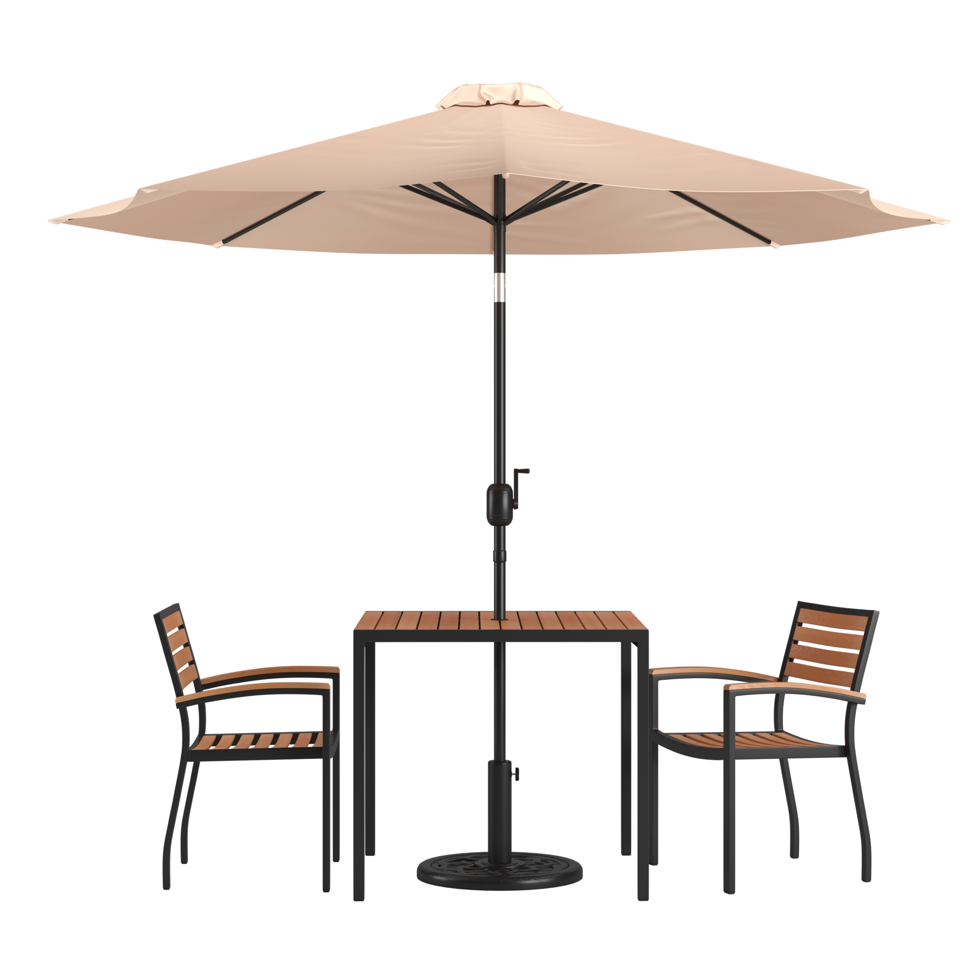 Flash Furniture, Patio Set-35Inch Table-2 Chairs-Tan Umbrella-Base, Pieces (qty.) 5, Primary Color Beige, Seating Capacity 2, Model XU8102UB19BTN
