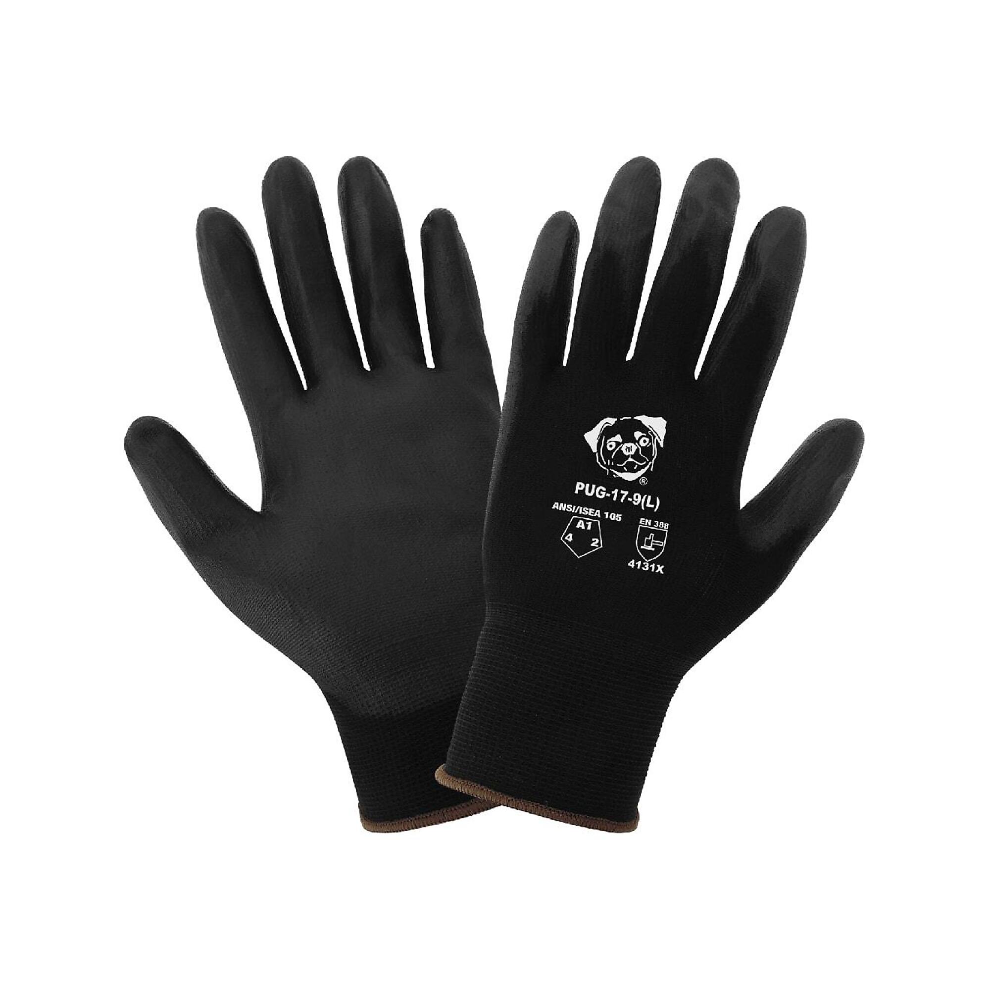 Global Glove PUG , Black, Poly Coated, Cut Resistant A1 Gloves - 12 Pairs, Size M, Color Black, Included (qty.) 12 Model PUG-17-8(M)