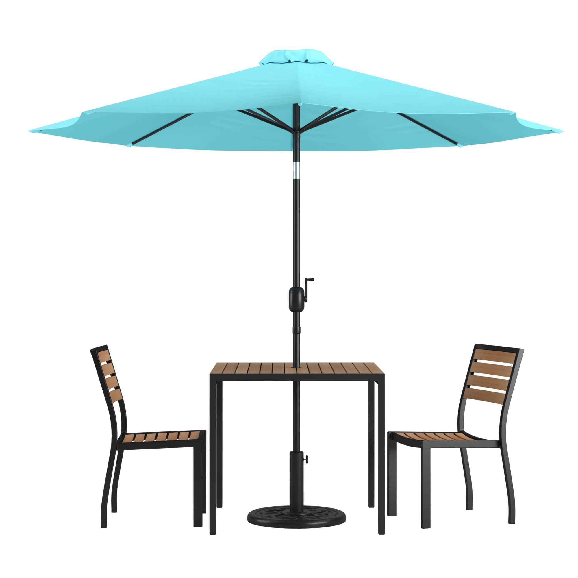 Flash Furniture, Faux Teak 35Inch Table-Teal Umbrella-Base-2 Chairs, Pieces (qty.) 5, Primary Color Blue, Seating Capacity 2, Model XU8132UB19BTL