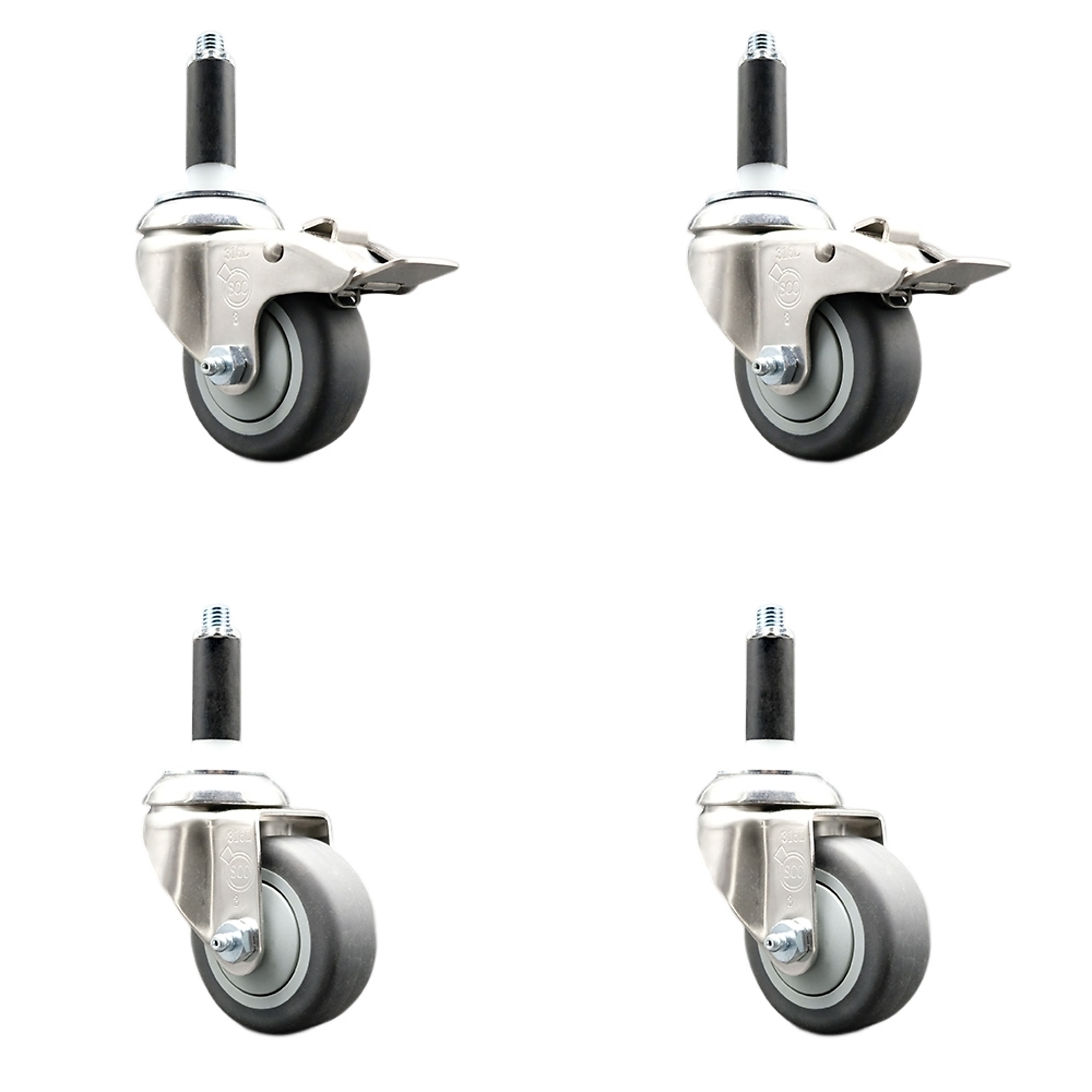 Service Caster, 3Inch x 1 1/4Inch Stem Casters, Wheel Diameter 3 in, Caster Type Swivel, Package (qty.) 4, Model SCC-SS316TTLEX20S314-TPRB-2-S-2-34