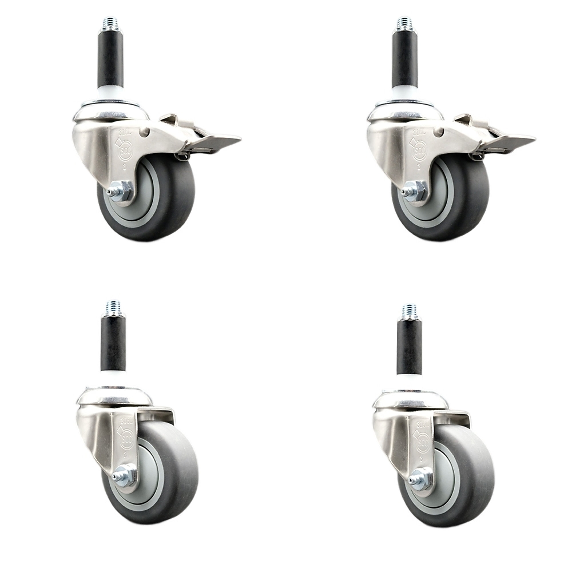 Service Caster, 3Inch x 1 1/4Inch Stem Casters, Wheel Diameter 3 in, Caster Type Swivel, Package (qty.) 4, Model SCC-SS316TTLEX20S314-TPRB-2-S-2-78