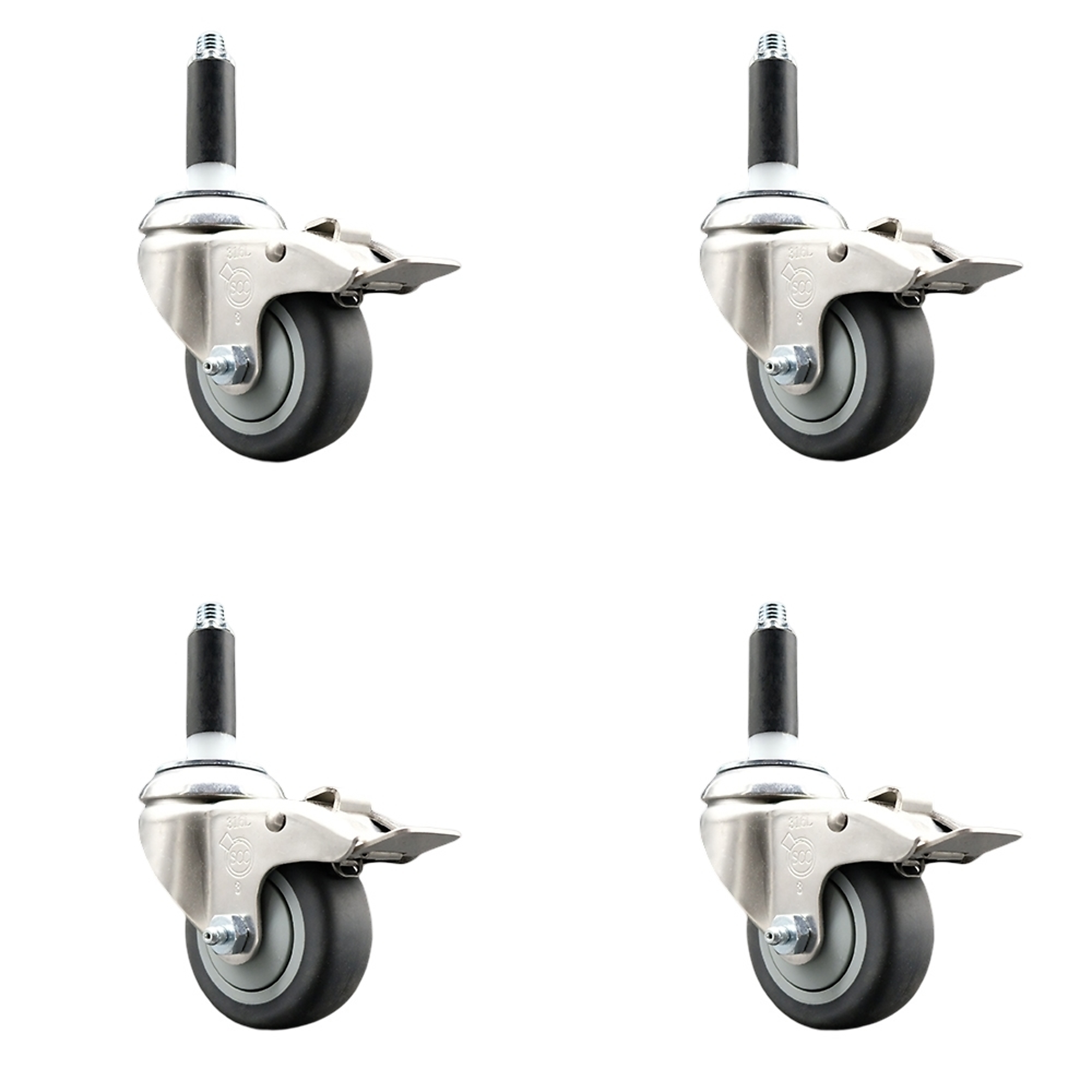 Service Caster, 3Inch x 1 1/4Inch Stem Casters, Wheel Diameter 3 in, Caster Type Swivel, Package (qty.) 4, Model SCC-SS316TTLEX20S314-TPRB-78-4