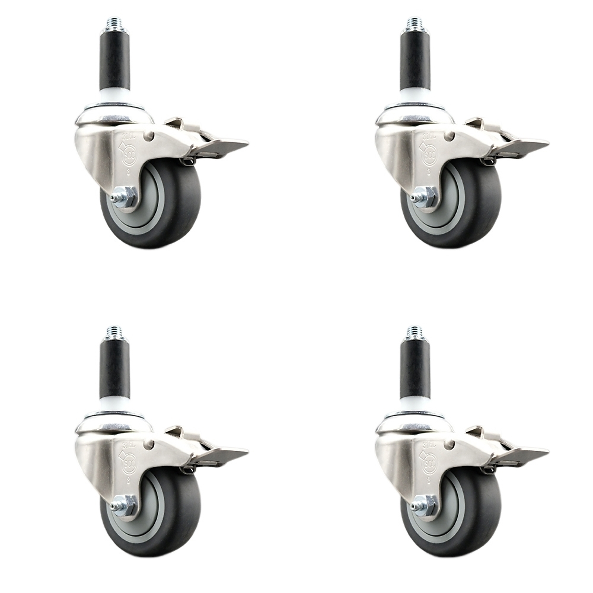 Service Caster, 3Inch x 1 1/4Inch Stem Casters, Wheel Diameter 3 in, Caster Type Swivel, Package (qty.) 4, Model SCC-SS316TTLEX20S314-TPRB-1-4