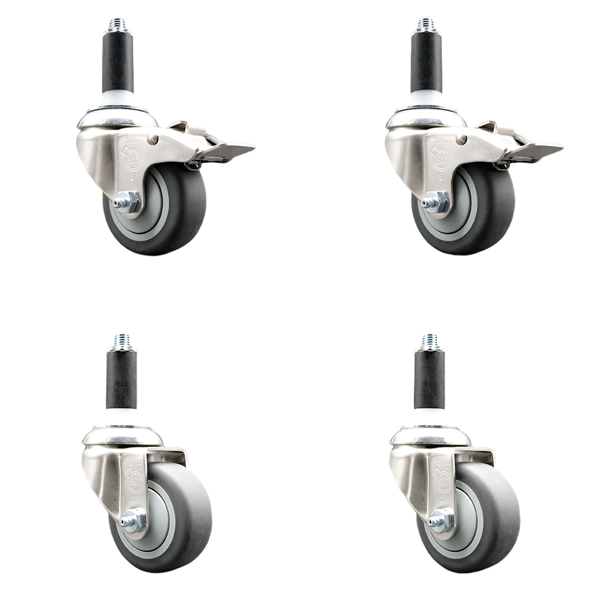 Service Caster, 3Inch x 1 1/4Inch Stem Casters, Wheel Diameter 3 in, Caster Type Swivel, Package (qty.) 4, Model SCC-SS316TTLEX20S314-TPRB-2-S-2-1