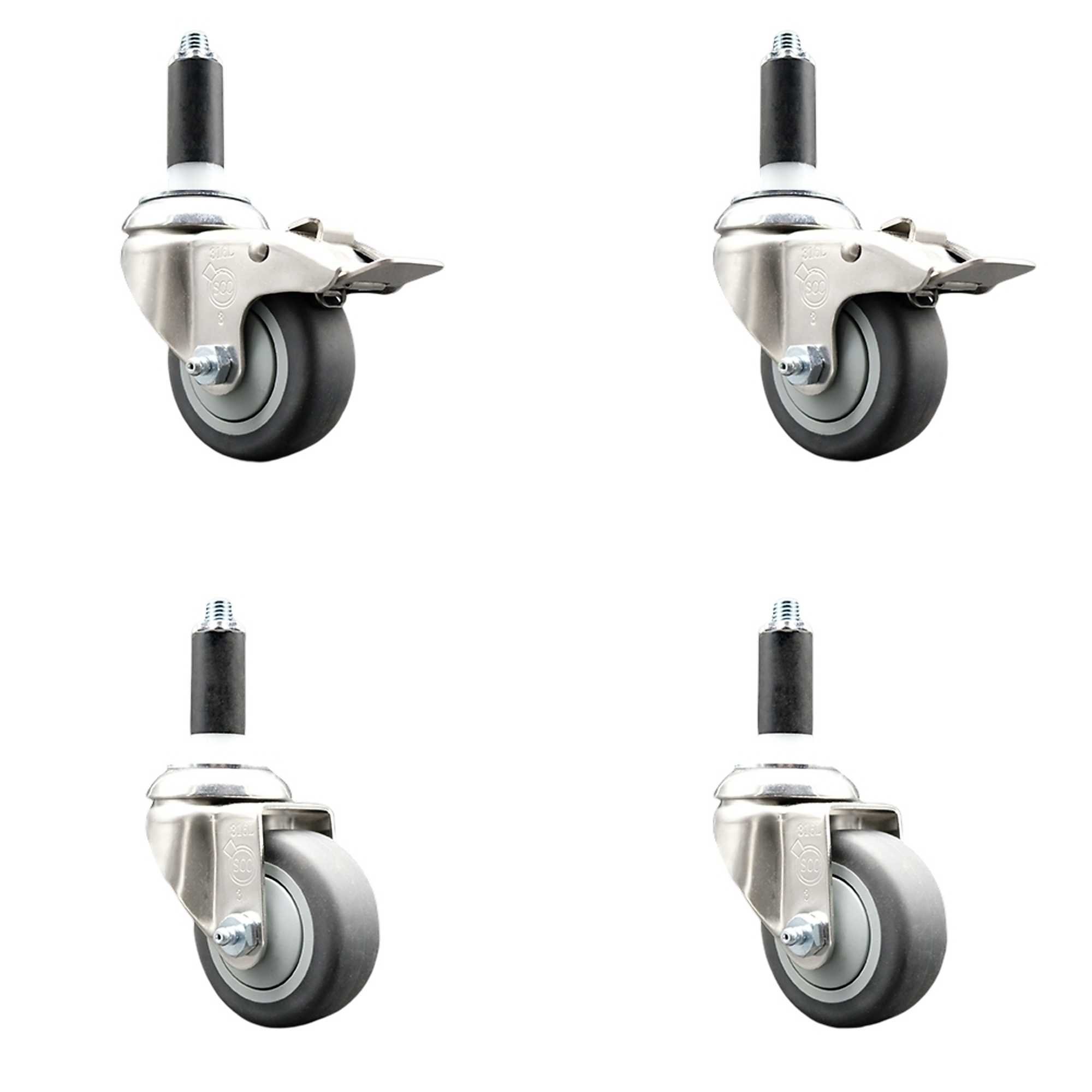 Service Caster, 3Inch x 1 1/4Inch Stem Casters, Wheel Diameter 3 in, Caster Type Swivel, Package (qty.) 4, Model SCC-SS316TTLEX20S314-TPRB-2-S-2-118