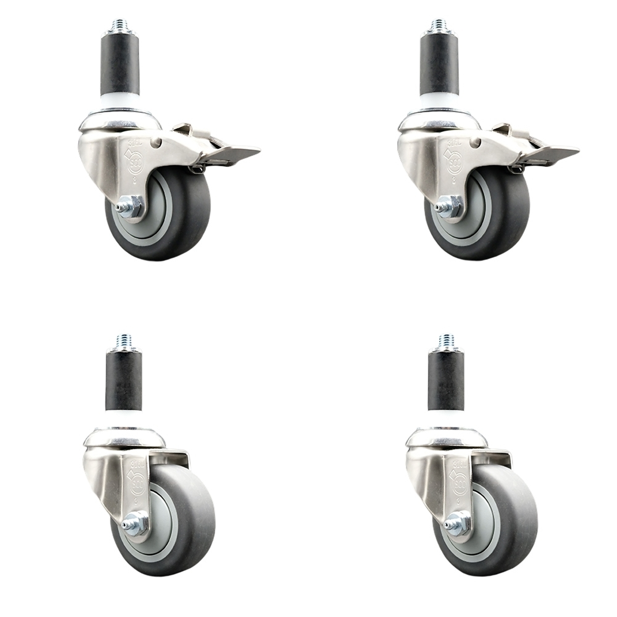 Service Caster, 3Inch x 1 1/4Inch Stem Casters, Wheel Diameter 3 in, Caster Type Swivel, Package (qty.) 4, Model SCC-SS316TTLEX20S314-TPRB-2-S-2-114