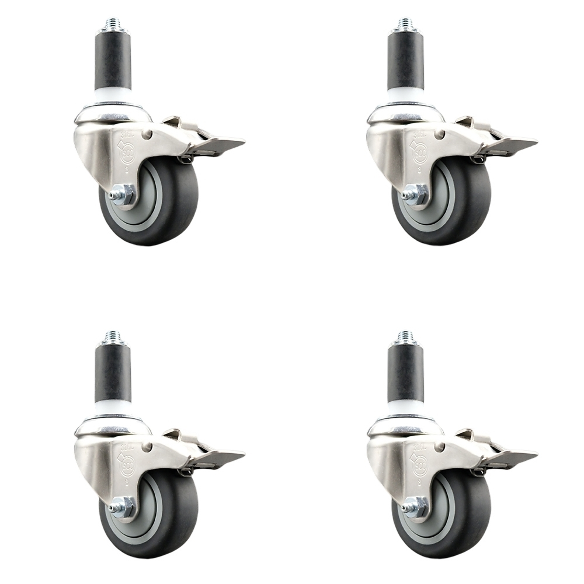 Service Caster, 3Inch x 1 1/4Inch Stem Casters, Wheel Diameter 3 in, Caster Type Swivel, Package (qty.) 4, Model SCC-SS316TTLEX20S314-TPRB-138-4