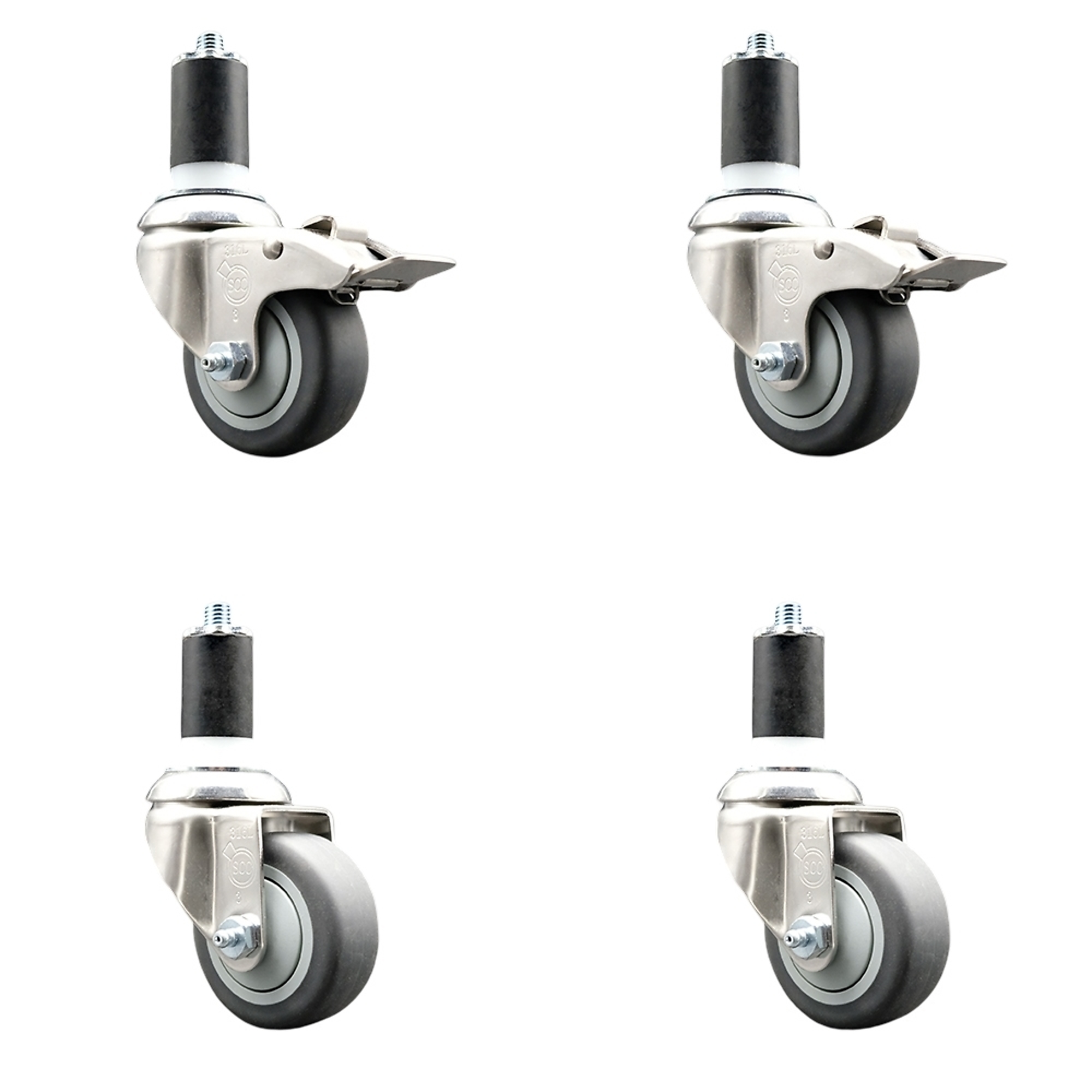 Service Caster, 3Inch x 1 1/4Inch Stem Casters, Wheel Diameter 3 in, Caster Type Swivel, Package (qty.) 4, Model SCC-SS316TTLEX20S314-TPRB-2-S-2-112