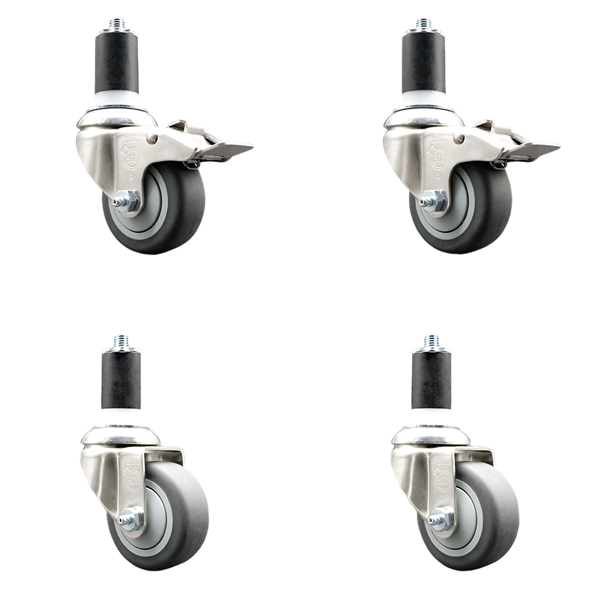 Service Caster, 3Inch x 1 1/4Inch Stem Casters, Wheel Diameter 3 in, Caster Type Swivel, Package (qty.) 4, Model SCC-SS316TTLEX20S314-TPRB-2-S-2-158