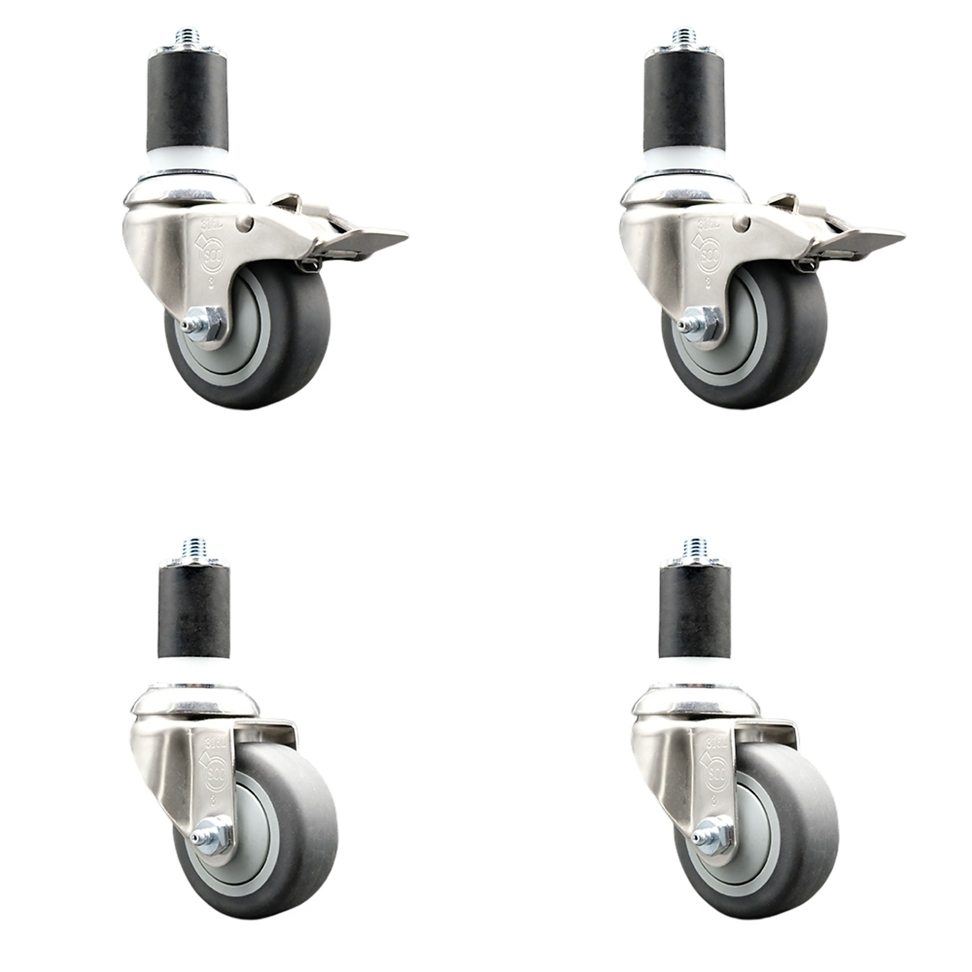 Service Caster, 3Inch x 1 1/4Inch Stem Casters, Wheel Diameter 3 in, Caster Type Swivel, Package (qty.) 4, Model SCC-SS316TTLEX20S314-TPRB-2-S-2-134