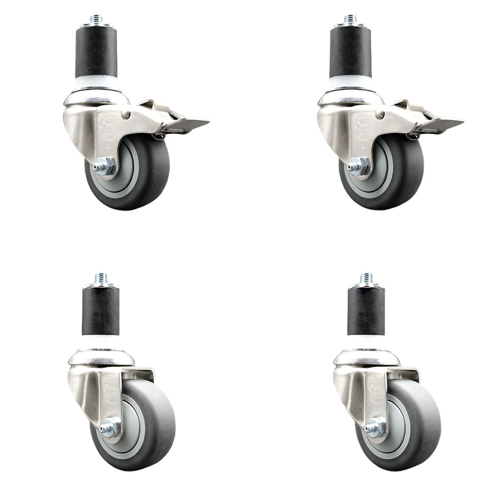 Service Caster, 3Inch x 1 1/4Inch Stem Casters, Wheel Diameter 3 in, Caster Type Swivel, Package (qty.) 4, Model SCC-SS316TTLEX20S314-TPRB-2-S-2-178