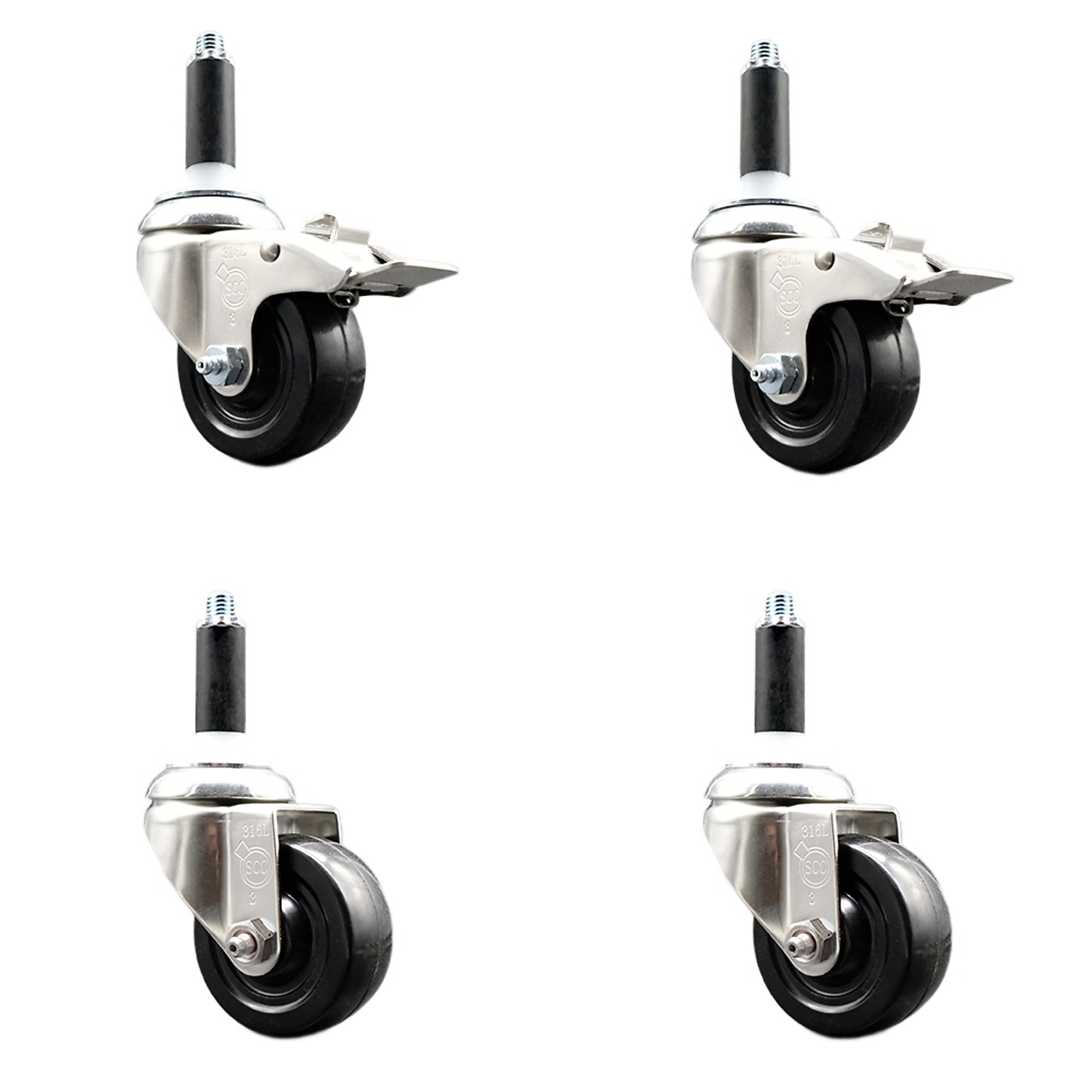 Service Caster, 3Inch x 1 1/4Inch Stem Casters, Wheel Diameter 3 in, Caster Type Swivel, Package (qty.) 4, Model SCC-SS316TTLEX20S314-SRS-2-S-2-34