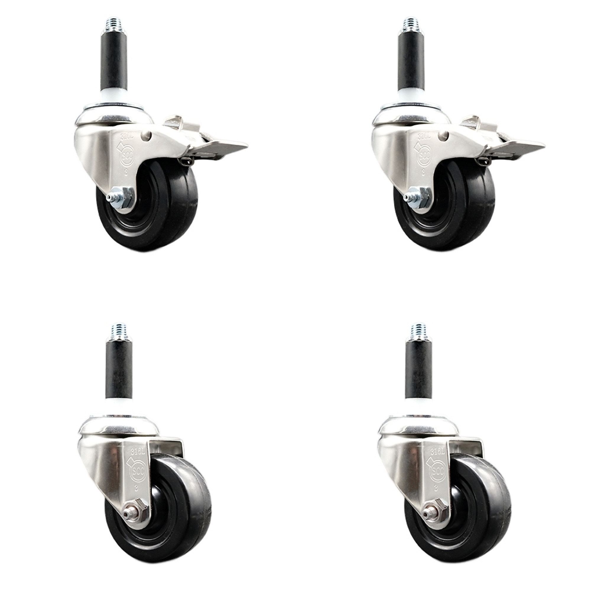 Service Caster, 3Inch x 1 1/4Inch Stem Casters, Wheel Diameter 3 in, Caster Type Swivel, Package (qty.) 4, Model SCC-SS316TTLEX20S314-SRS-2-S-2-78