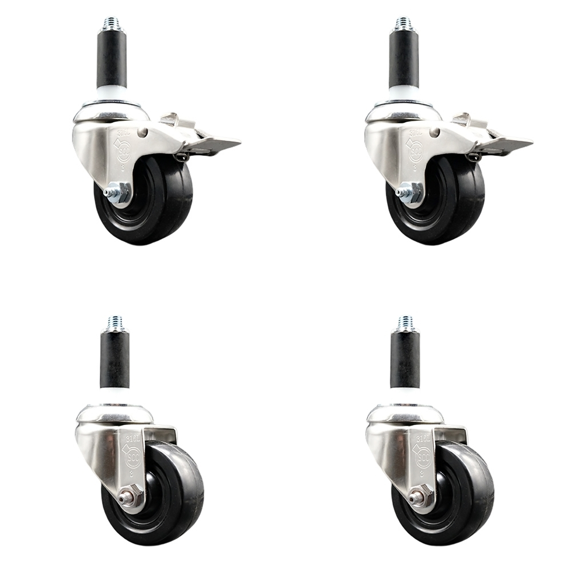 Service Caster, 3Inch x 1 1/4Inch Stem Casters, Wheel Diameter 3 in, Caster Type Swivel, Package (qty.) 4, Model SCC-SS316TTLEX20S314-SRS-2-S-2-1