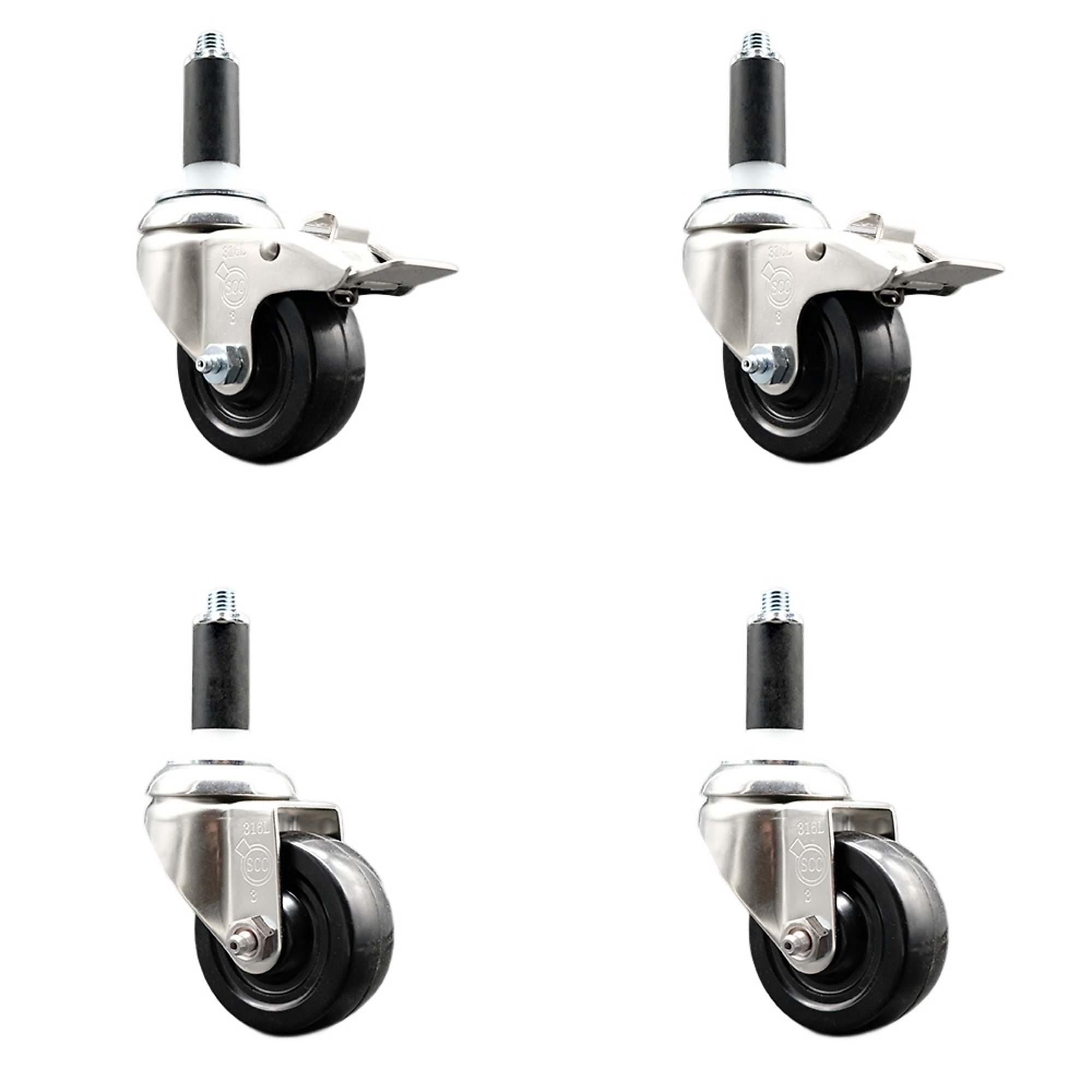 Service Caster, 3Inch x 1 1/4Inch Stem Casters, Wheel Diameter 3 in, Caster Type Swivel, Package (qty.) 4, Model SCC-SS316TTLEX20S314-SRS-2-S-2-118