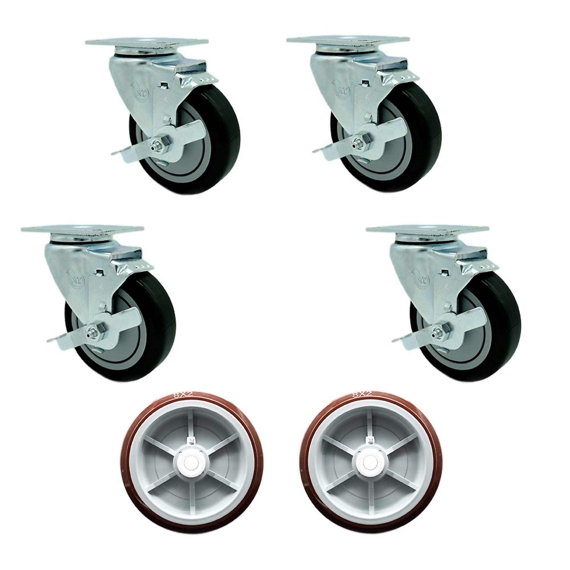 Service Caster, Plate Casters, Caster Type Swivel, Package (qty.) 6, Model REG-20S414PPUBBLK-TLB-TP2-4PPUD820-2