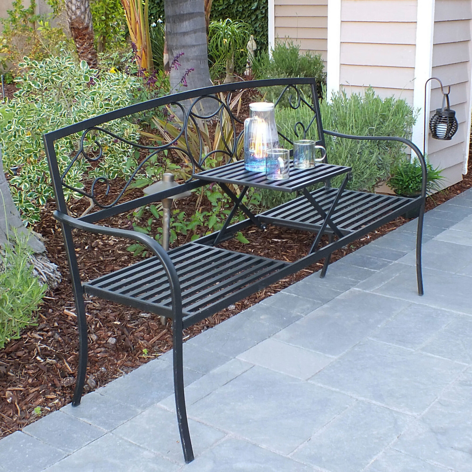 Alpine Corporation, Metal Garden Bench with Retractable Table, Primary Color Black, Material Metal, Width 21 in, Model VTFAM114
