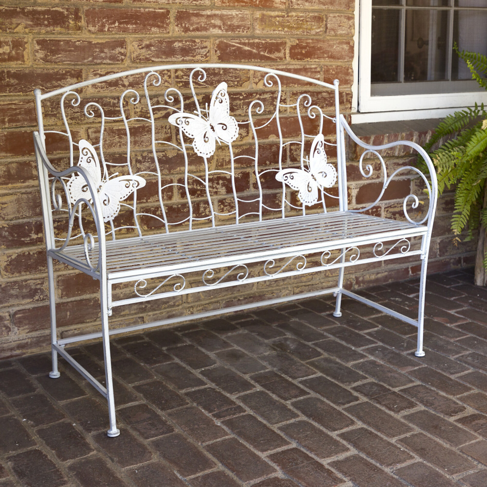 Alpine Corporation, White Metal Garden Bench with Butterfly Backrest, Primary Color White, Material Metal, Width 19 in, Model BAZ422